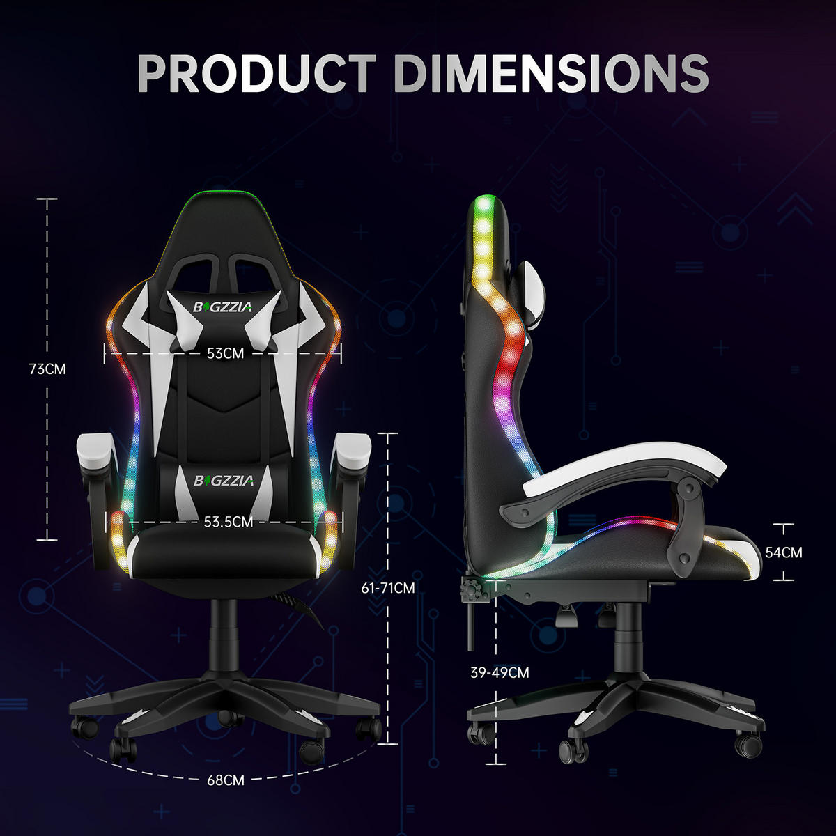 GAMINGSTUHL Schwarz-Weiß Racing Ergonomisch mit LED-Licht - Weiß, Leder (29/59/79cm) - Rattrix