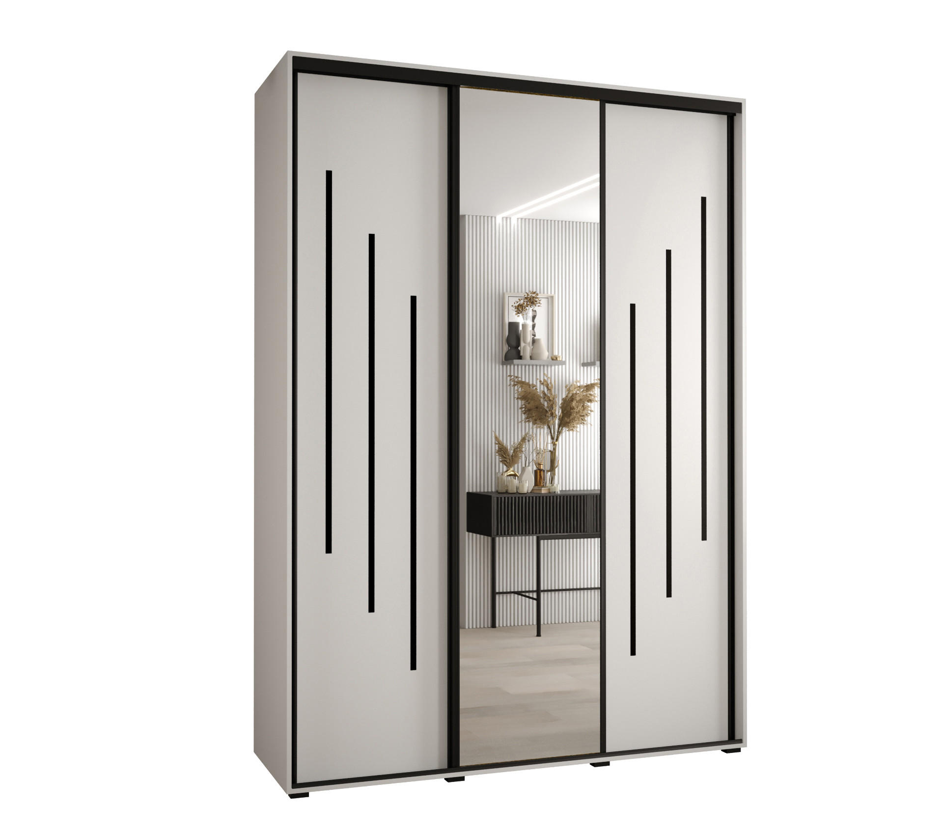 Abiks Möbel Schwebetürenschrank Weiß, Weiß, Schwarz 170x235x60 cm