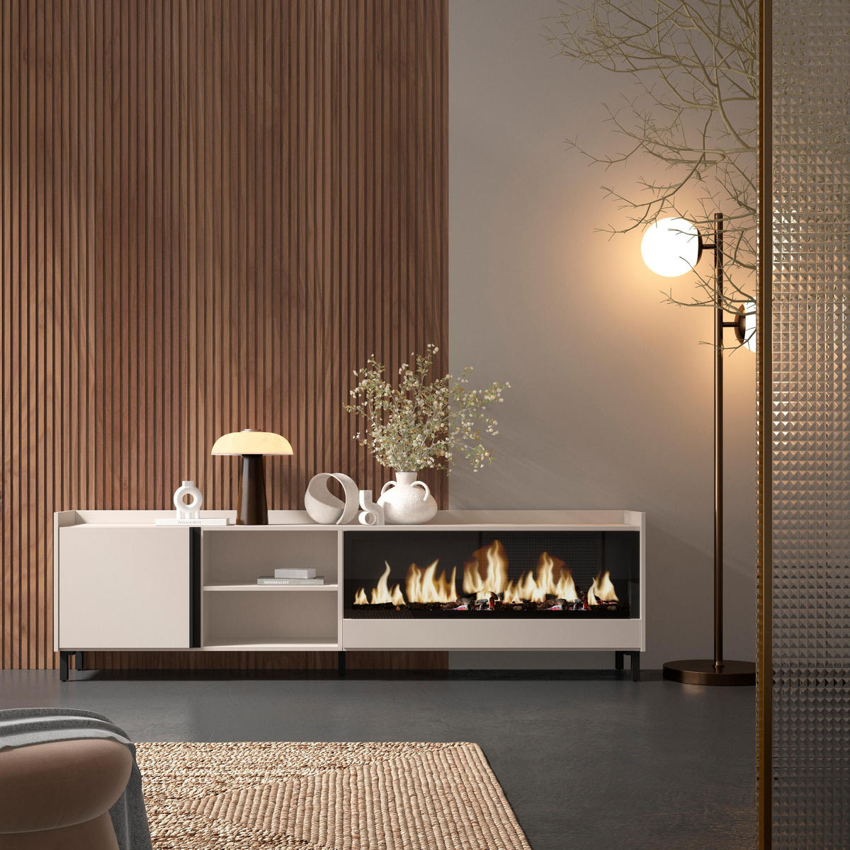 LOWBOARD, Beige, 212/35/61cm, Kamin mit Feuereffekt XXL - Beige, Holzwerkstoff (212/61/35cm) - Skraut Home