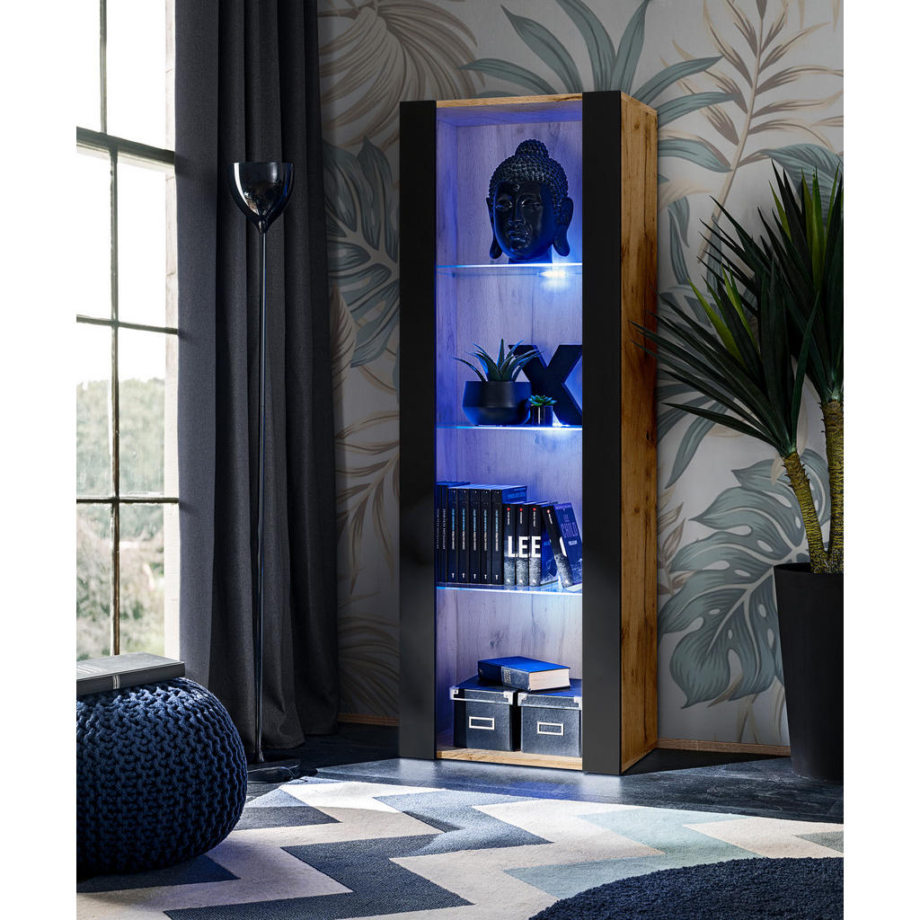 Thumbnail - Komodee Vitrine, Eiche Wotan, Schwarz, Glas, Holz Optik, 3 Fächer, Rechteckig, 55x159x35 cm, Wohnzimmer, Wohnwände, Vitr...