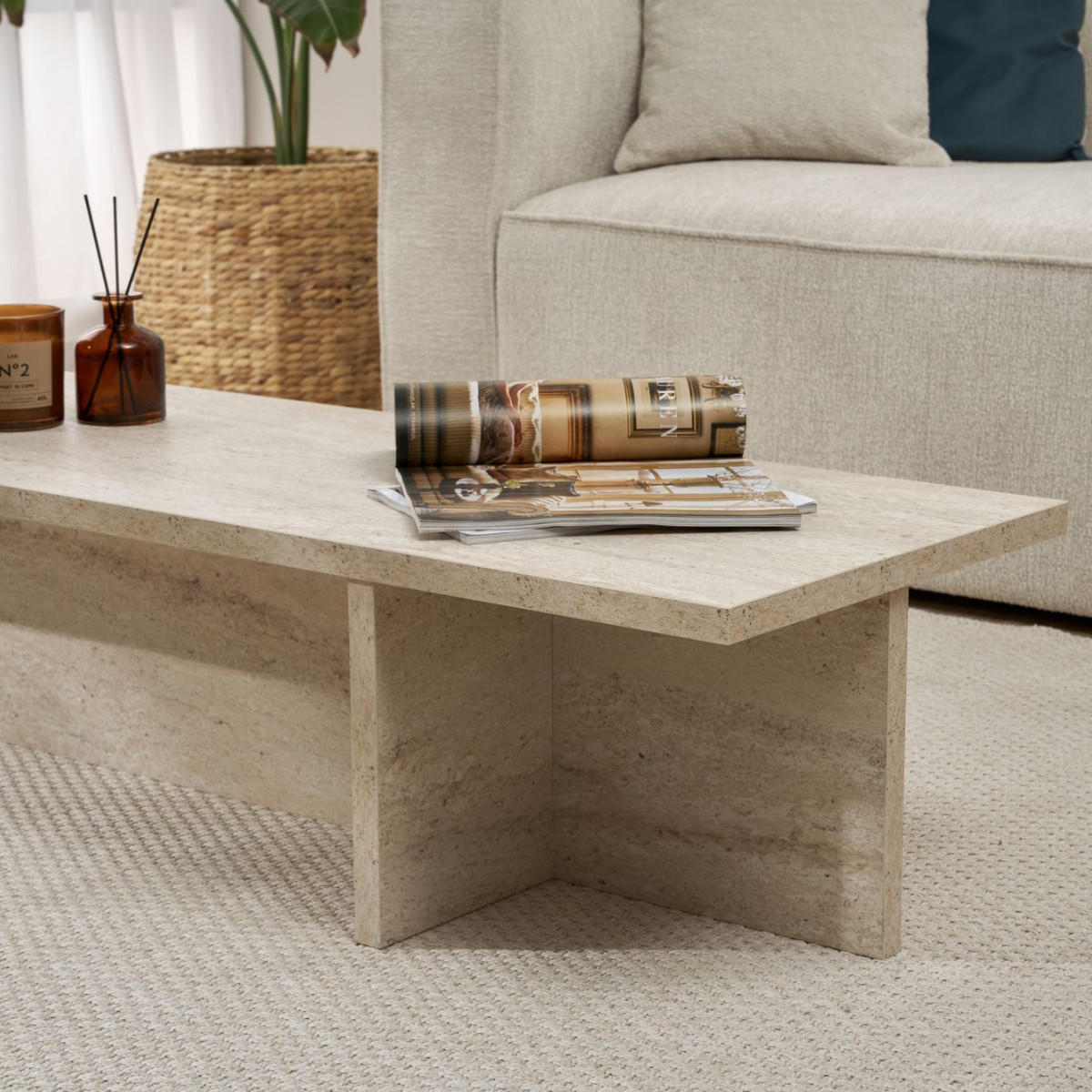 COUCHTISCH mit rechteckiger Platte und asymmetrischem Fuß L120 cm - HARBOR - Beige, Holzwerkstoff (50/45/30cm) - Calicosy