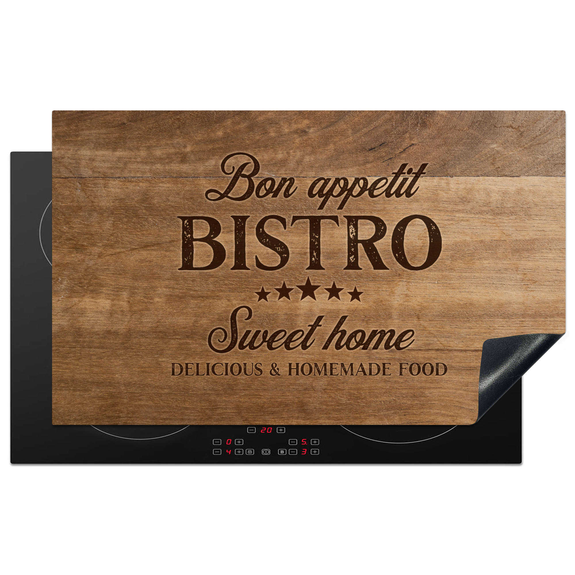 HERDABDECKPLATTE Zitat - Bistro - Guten Appetit - Süßes Zuhause - Holzmaserung 83x51 cm - Braun, Kunststoff (83/0.2/51.5cm) - MuchoWow