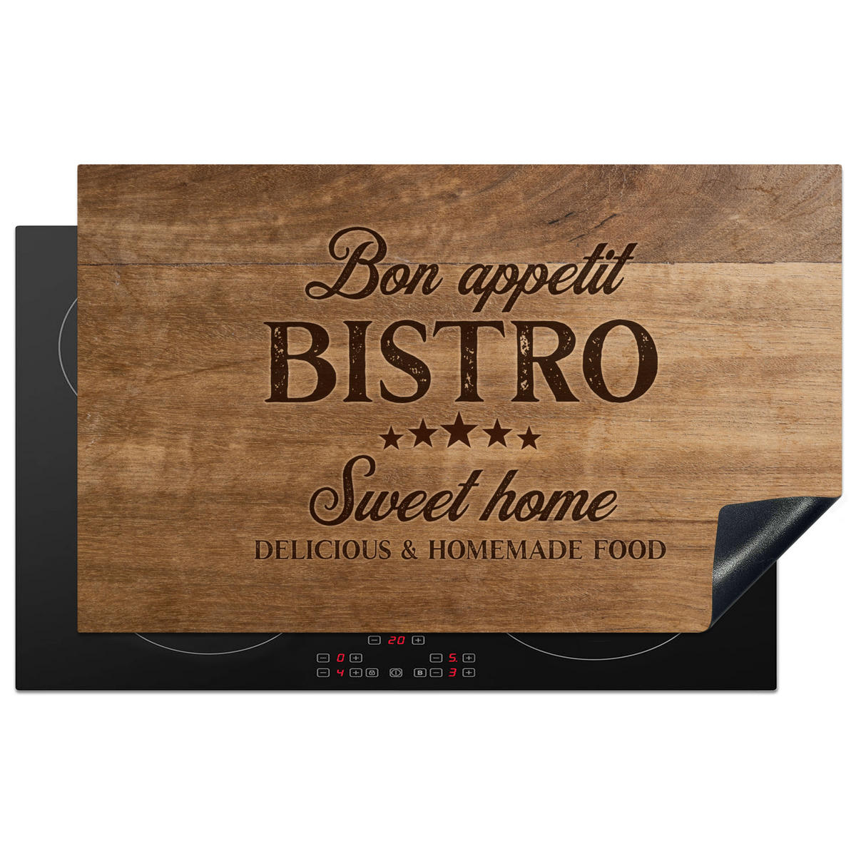 HERDABDECKPLATTE Zitat - Bistro - Guten Appetit - Süßes Zuhause - Holzmaserung 85x52 cm - Braun, Kunststoff (85/0.2/52cm) - MuchoWow
