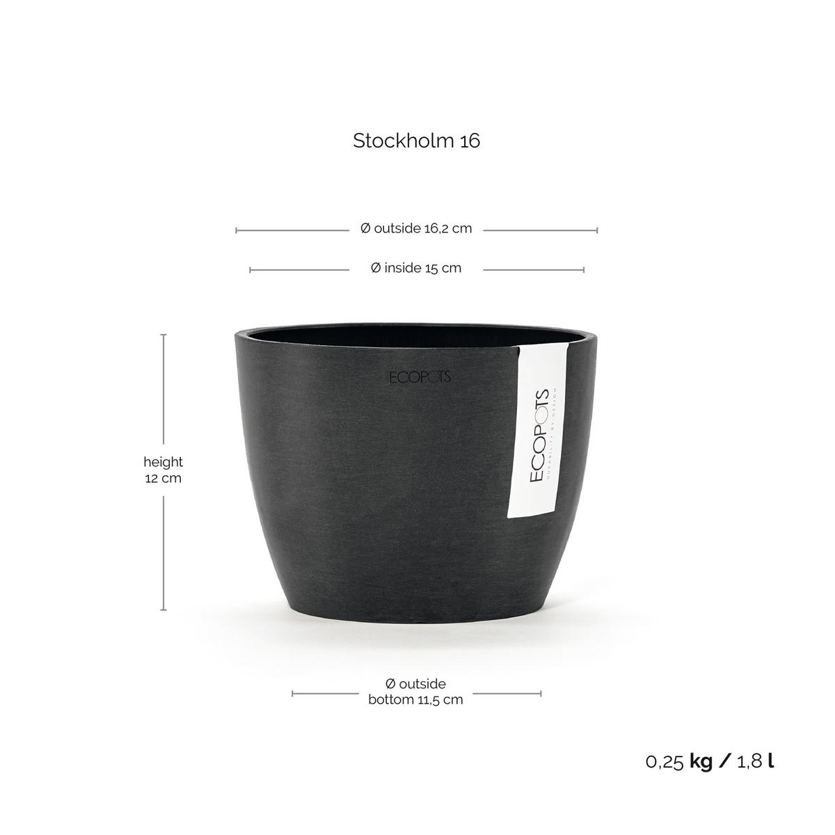 BLUMENTOPF Stockholm Mini 16,2/12 cm Dunkelgrau - Dunkelgrau, Kunststoff (16.2/12cm) - Ecopots