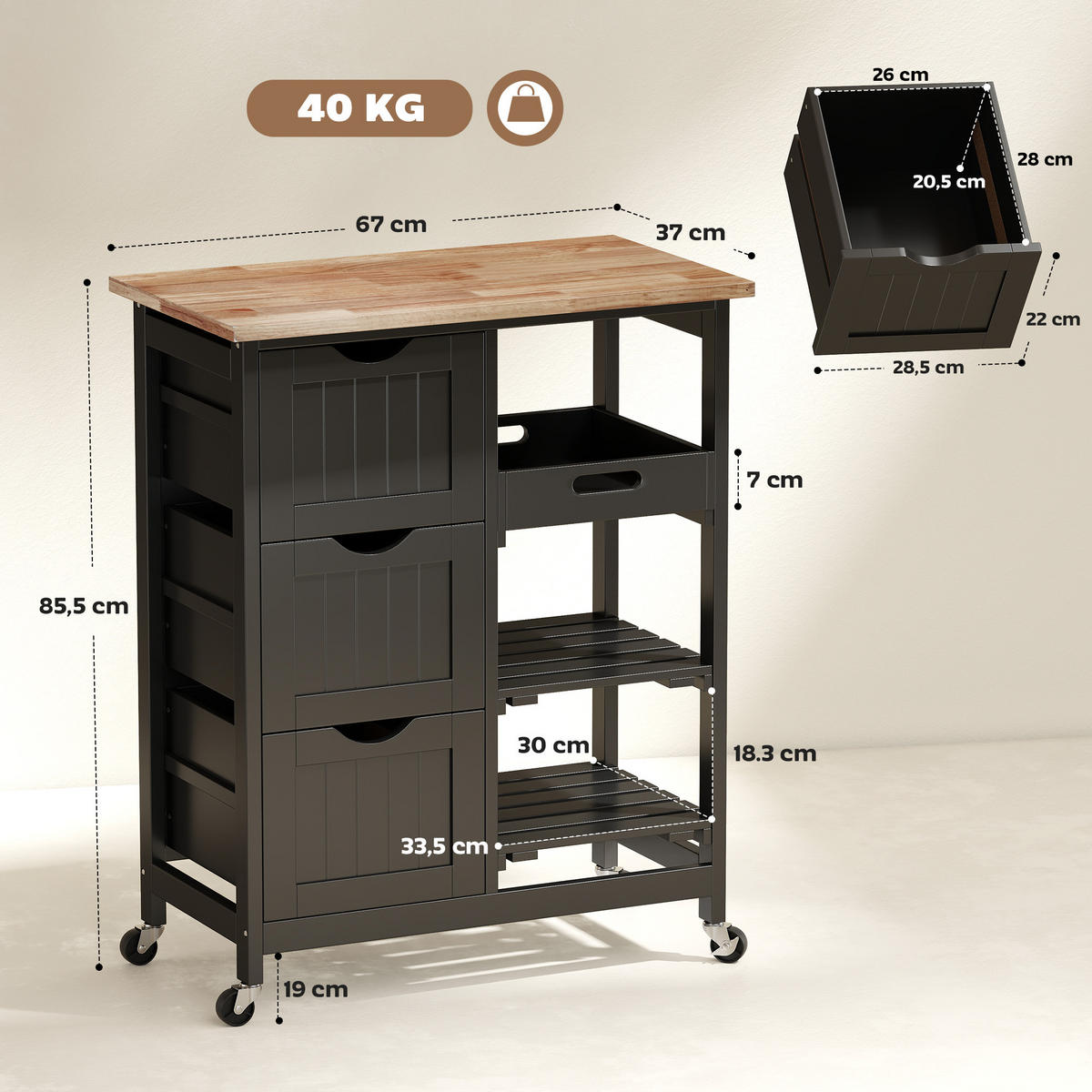 KÜCHENWAGEN, Beistellwagen 67 x 37 x 85,5 cm mit 3 Schubladen, Schwarz - Multicolor, Metall (67/85.5/37cm) - FORIOUS