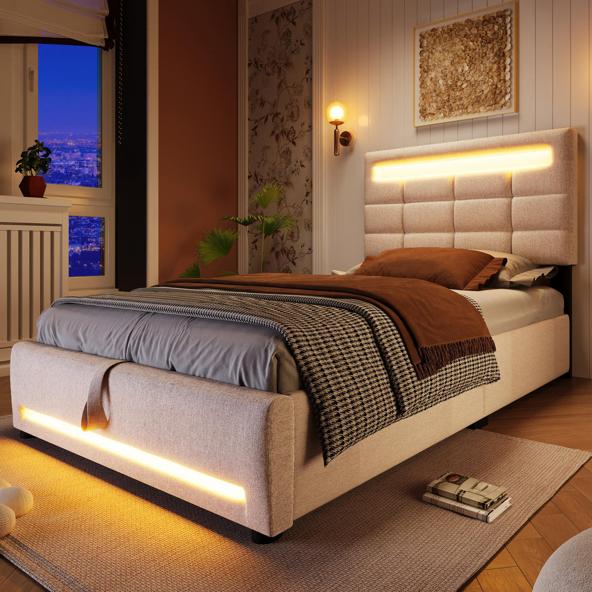 POLSTERBETT 90/200 cm Beige mit LED-Beleuchtung und hydraulischer Lagerung - Beige, Textil (90/200cm) - OKWISH