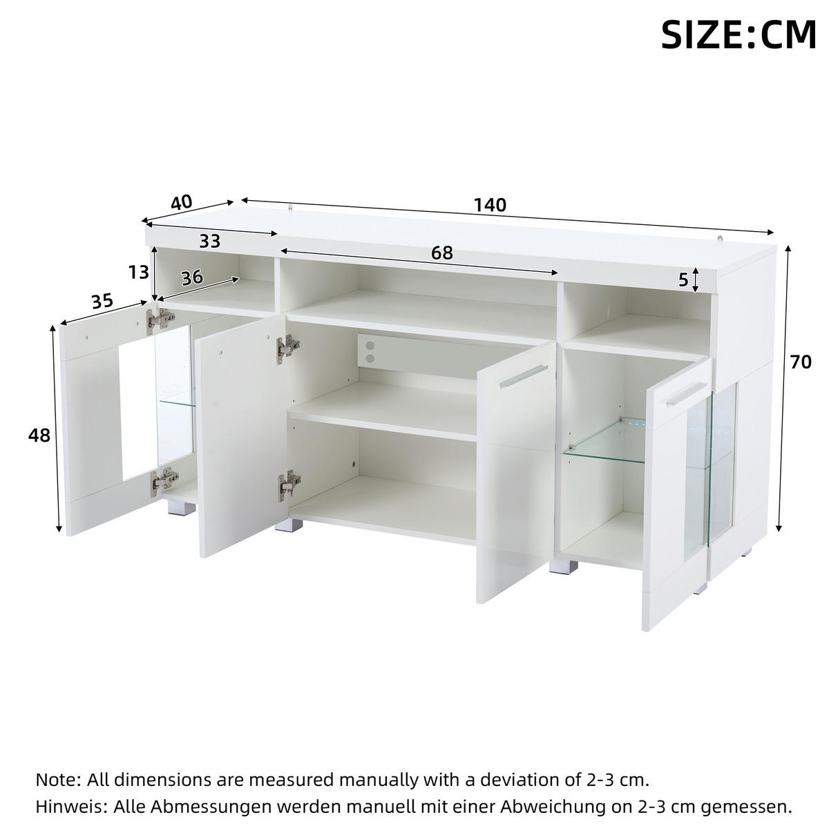 SIDEBOARD 140/40/70 cm in Weiß mit LED-Beleuchtung und Hartglastüren - Weiß, Holzwerkstoff (140/70/40cm) - Flora Grace