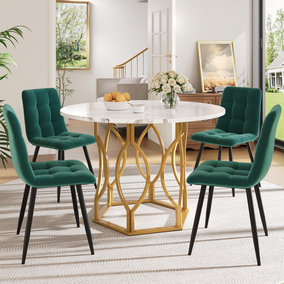 ESSTISCHSET 5-Teilig Rund 100 Cm, Weiße MDF, 4 Dunkelgrüne Samtstühle, Gold - Multicolor, Holzwerkstoff (76/24/100cm) - FLIEKS