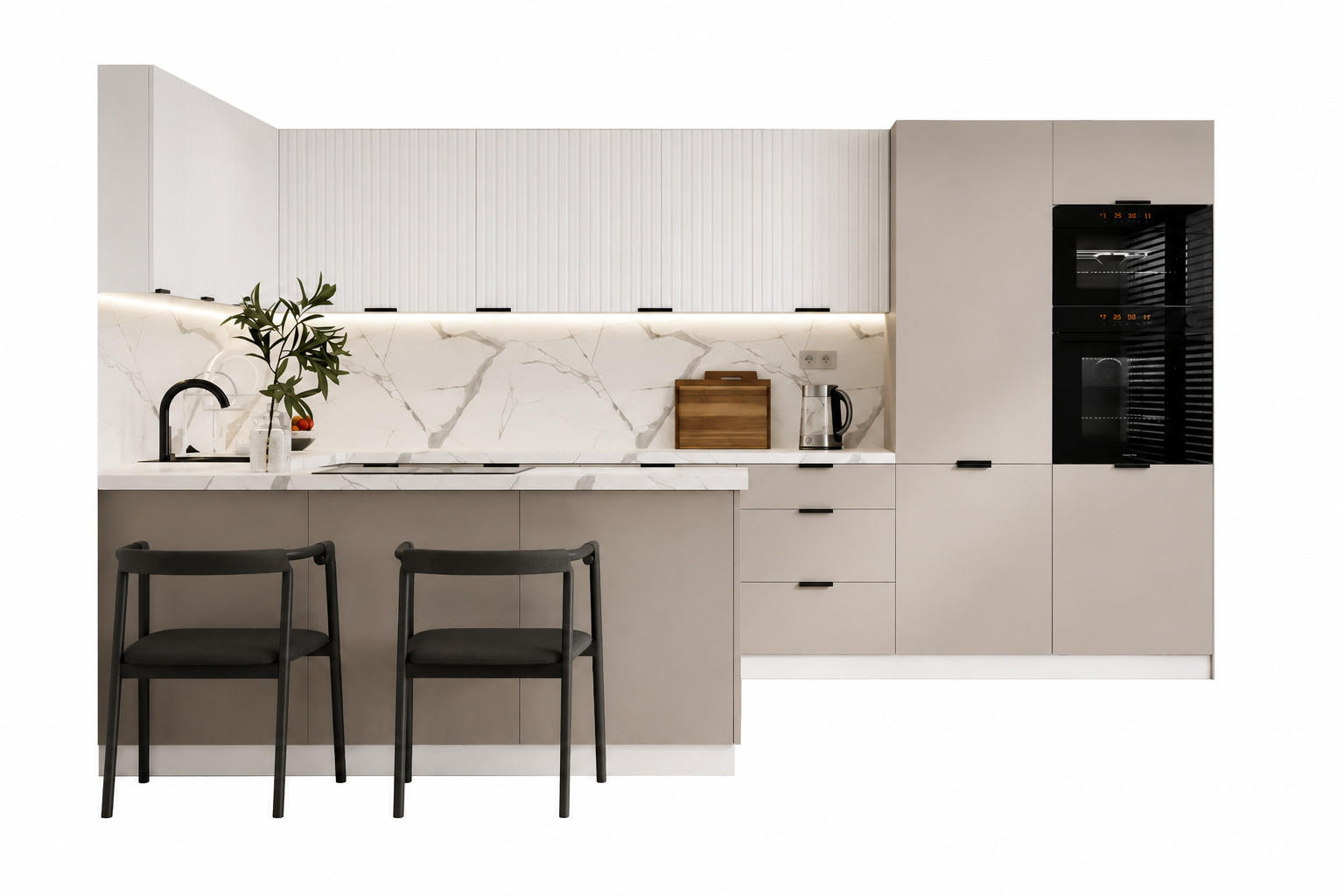 KÜCHENZEILE - KS28-G390x260 – Kendro / Morvex - Modernes Design für jede Küche - Beige, Holz/Metall (390/213.3/260cm) - ROYAL24_MARKT