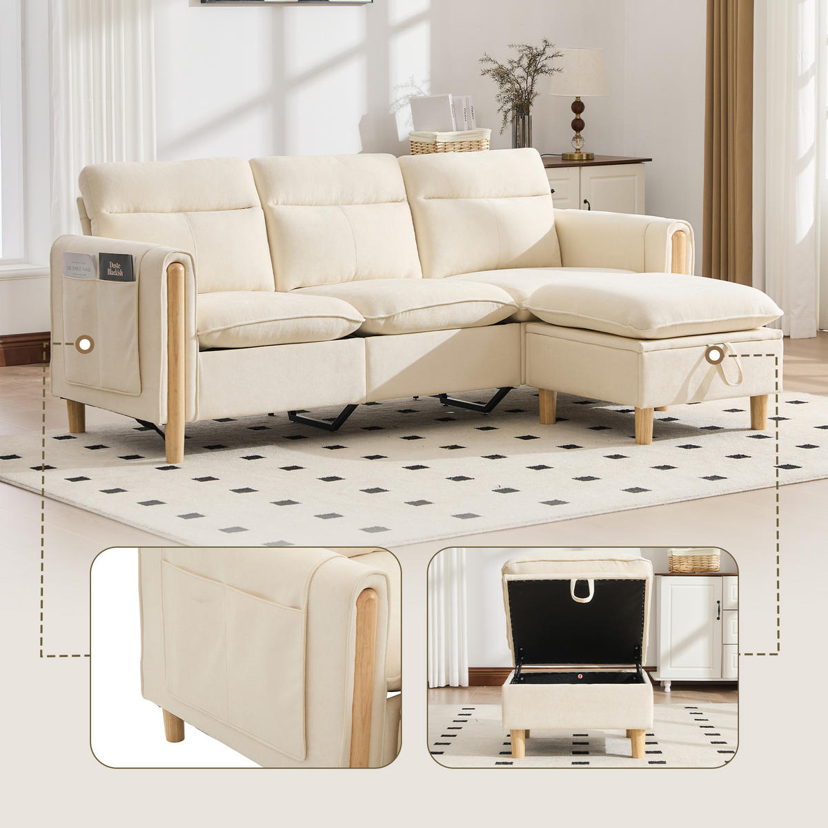 ECKSOFA DE-33940 mit Stauraumhocker und Seitentaschen Beige - Beige, Holz (77/201cm) - ComfortXL