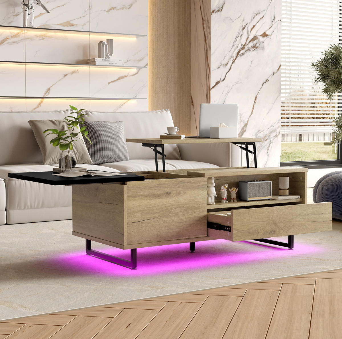 COUCHTISCH 103,5/50/27,5 cm mit Lift-Top, LED-Bodenlicht und Stauraum, Holzwerkstoff/Metall, Natur - Naturfarben, Holzwerkstoff (103.5/50/27.5cm) - Redom