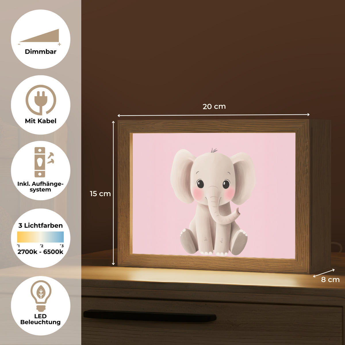 NACHTTISCHLAMPE Elefant - Baby - Rosa - Cartoon 20x15 cm - Rosa, Holzwerkstoff (8/20/15cm)