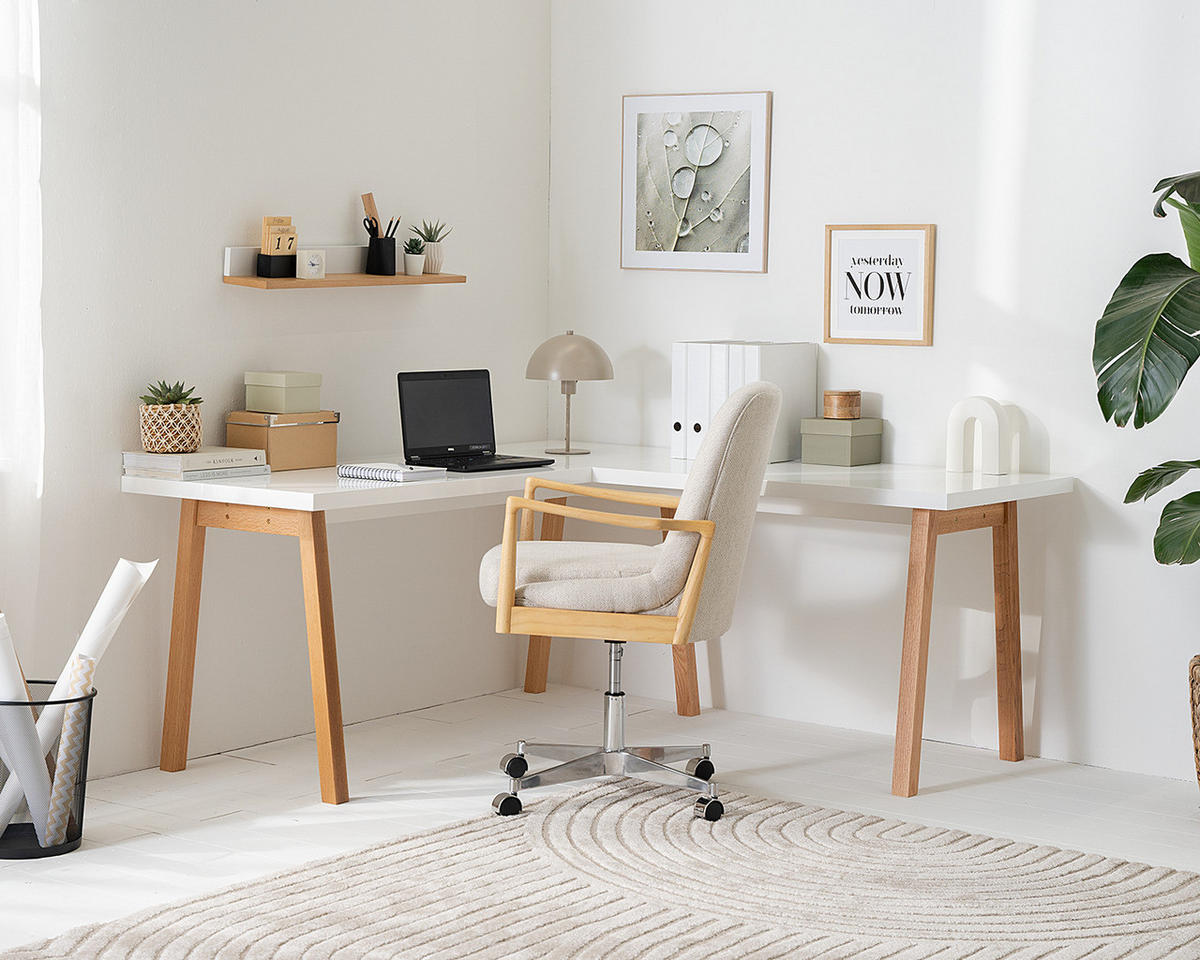 ECKSCHREIBTISCH - Hochglanz Weiß / Eiche - Eichefarben/Weiß, Holzwerkstoff (170/170/74cm) - home24