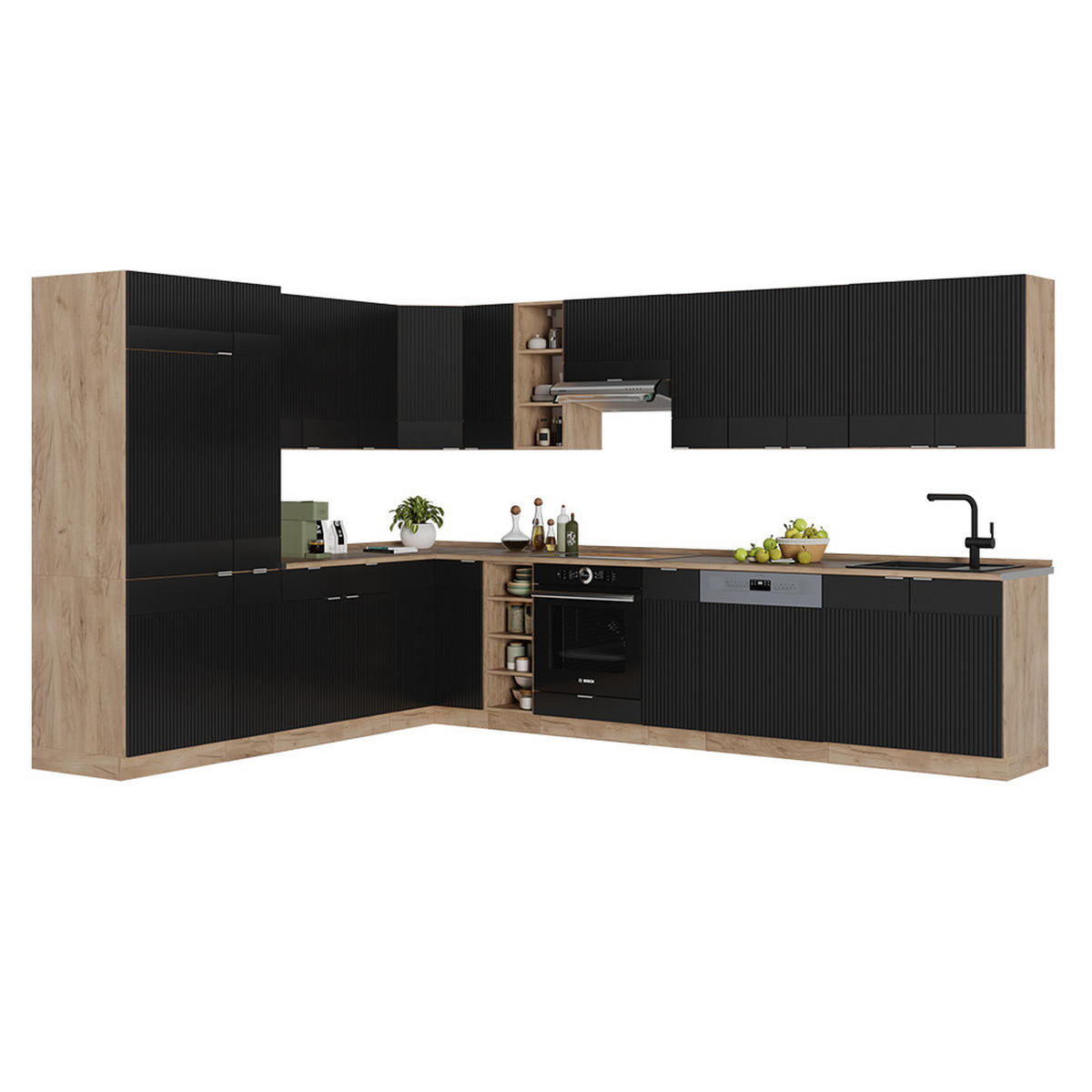 ECKKÜCHE Fame-Line, Schwarz gestreift/Goldkraft Eiche, 347 x 257 cm ohne Arbeitsplatte - Schwarz, Holzwerkstoff (347/81.6/46cm) - Vicco