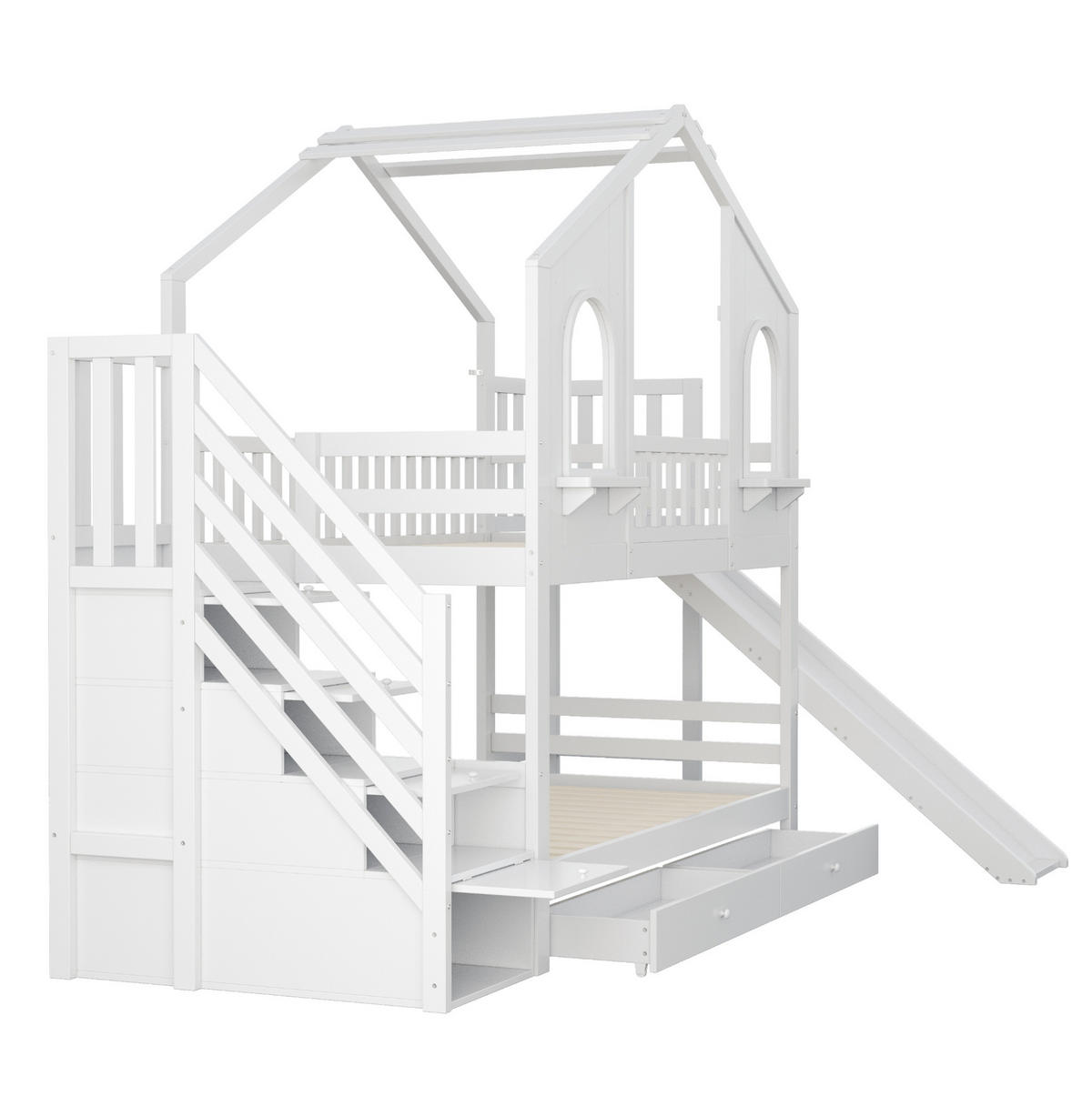 ETAGENBETT 90/200 cm in Weiß mit Rutsche, Aufbewahrungsleiter und Schubladen - Weiß, Holzwerkstoff (90/200cm) - OKMYHOME