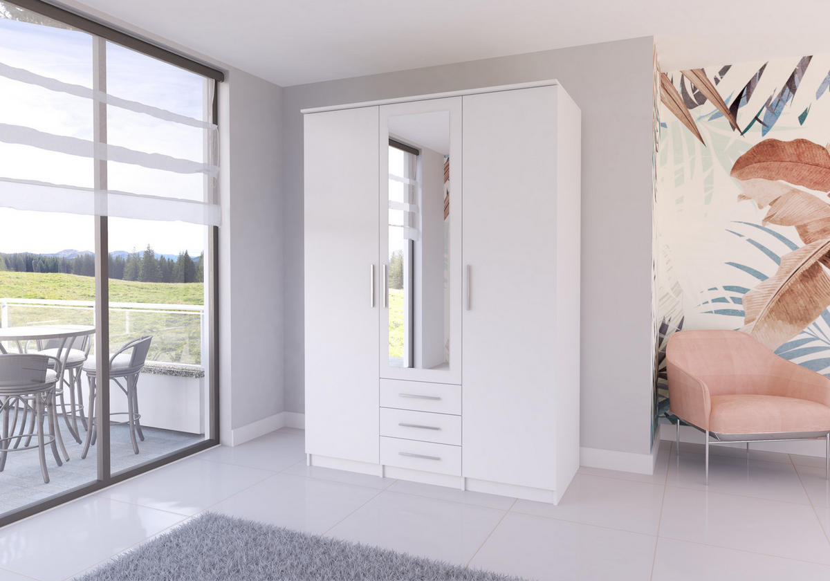 DREHTÜRENSCHRANK 150/207/57/61cm Szantal 3D Weiß/Weiß - Alufarben/Weiß, Holzwerkstoff/Kunststoff (150/210/64cm) - imoebel24