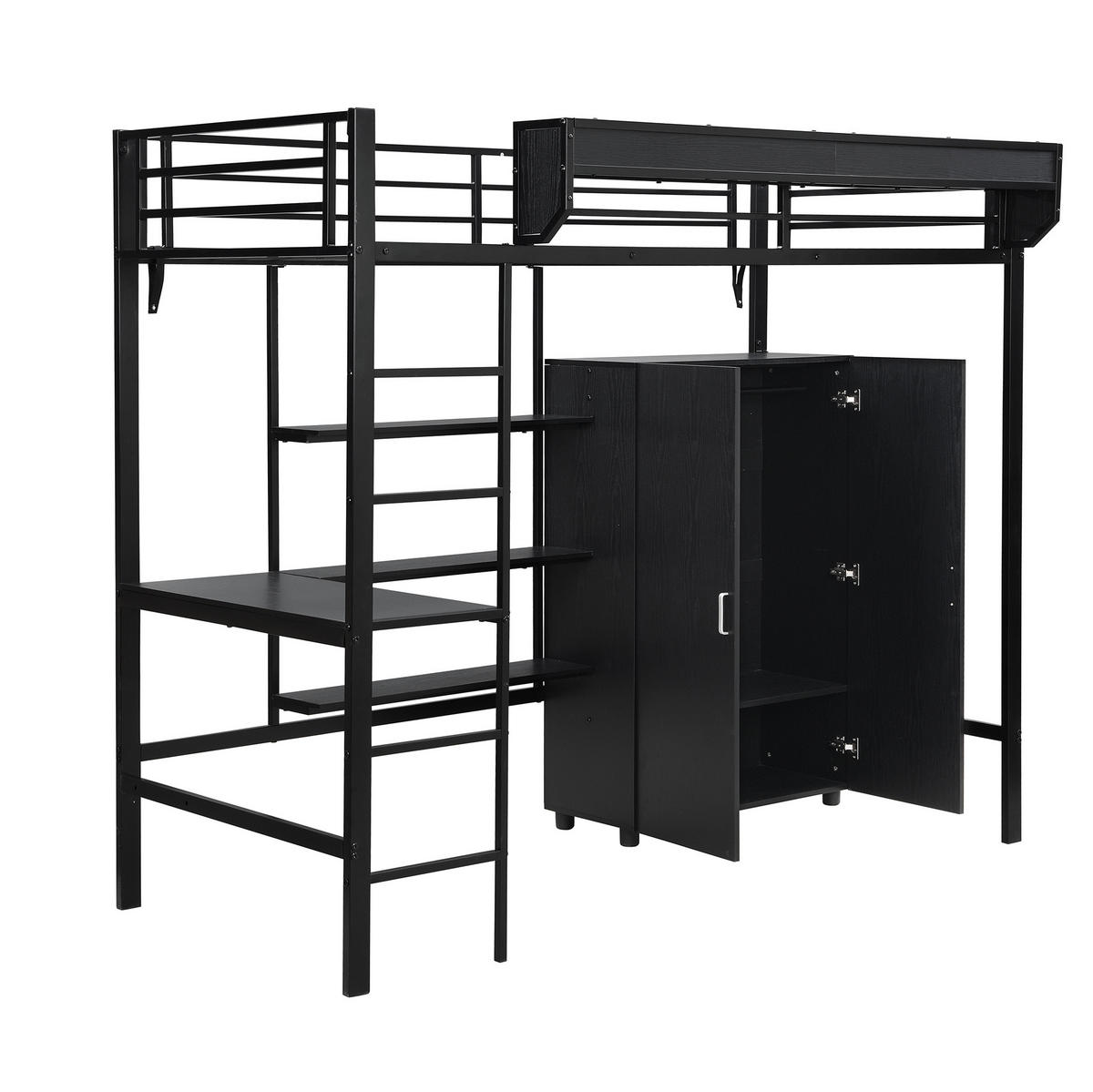 ETAGENBETT 90/200 cm in Schwarz mit Tisch und Kleiderschrank - Weiß, Metall - BEAOK