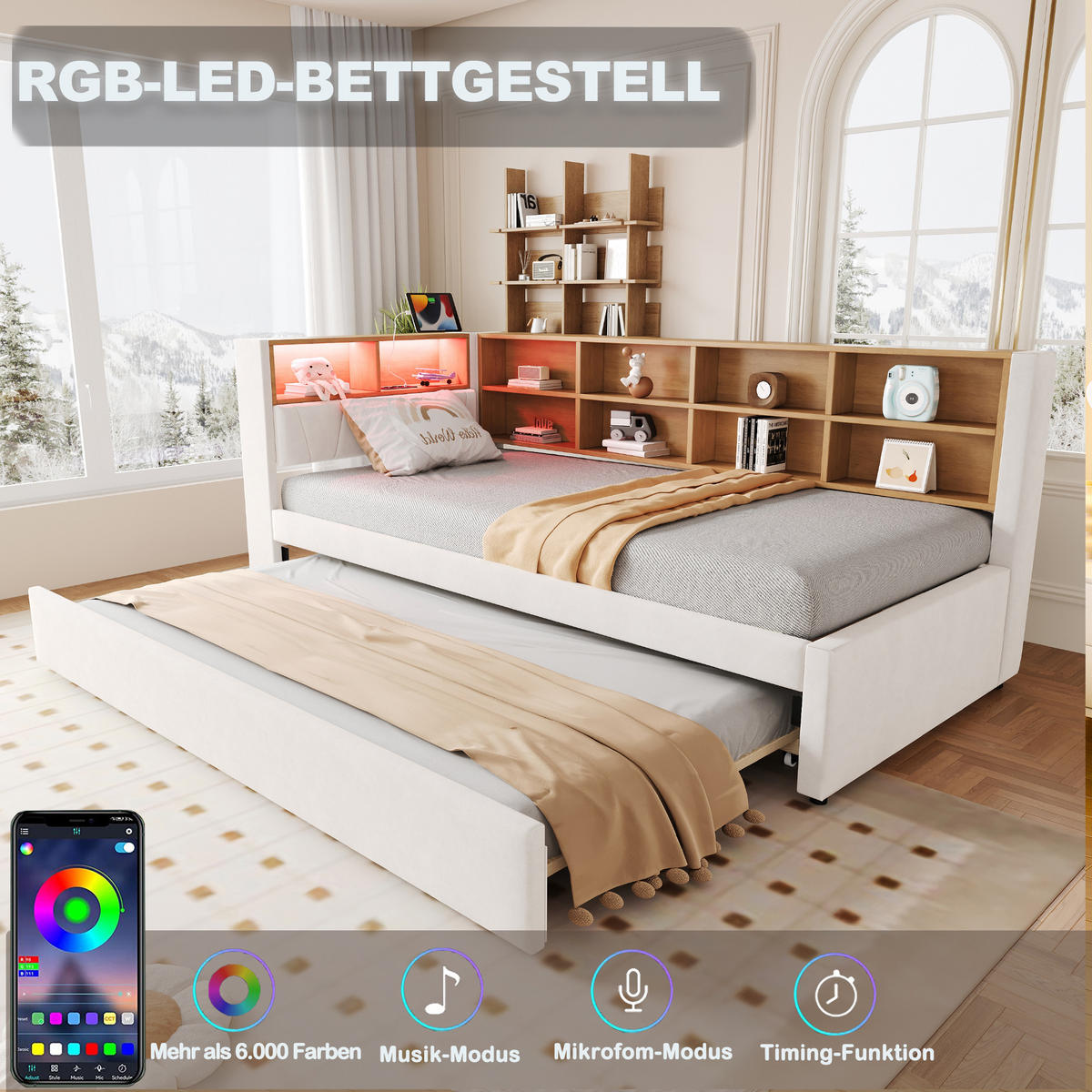 POLSTERBETT 90x200 cm LED USB beige - Beige, Textil (90/200cm) - Fortuna Lai