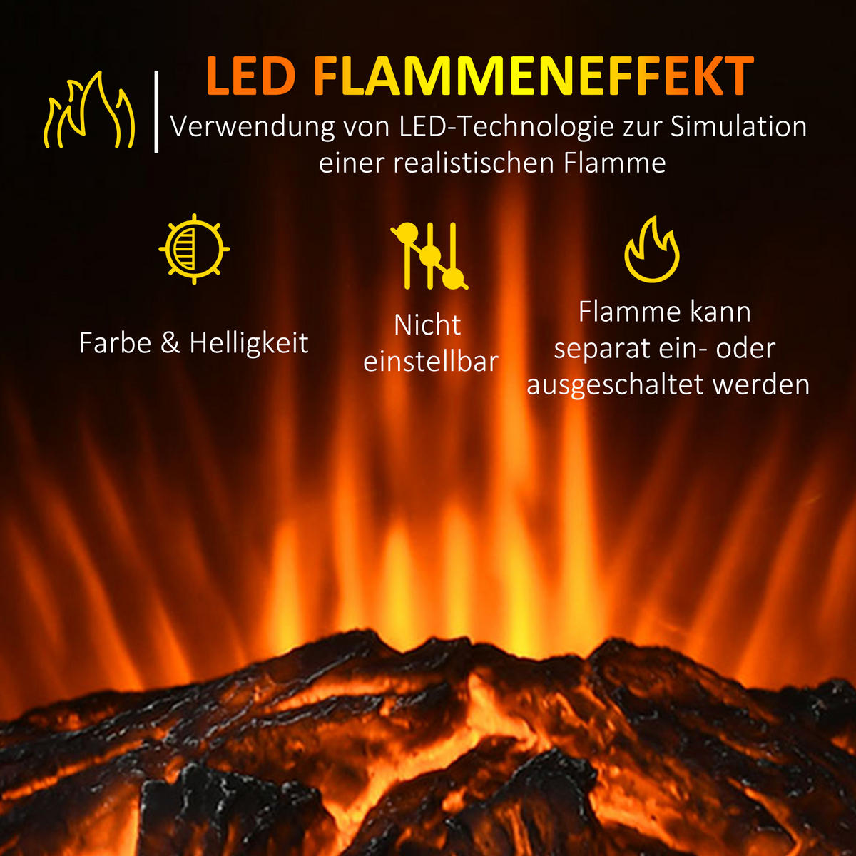 ELEKTROKAMIN, 1000/2000W, mit 2 Heizstufen, Stahl, Schwarz, 44,5 x 32 x 74 cm - Schwarz, Metall (32/74/44.5cm) - HOMCOM