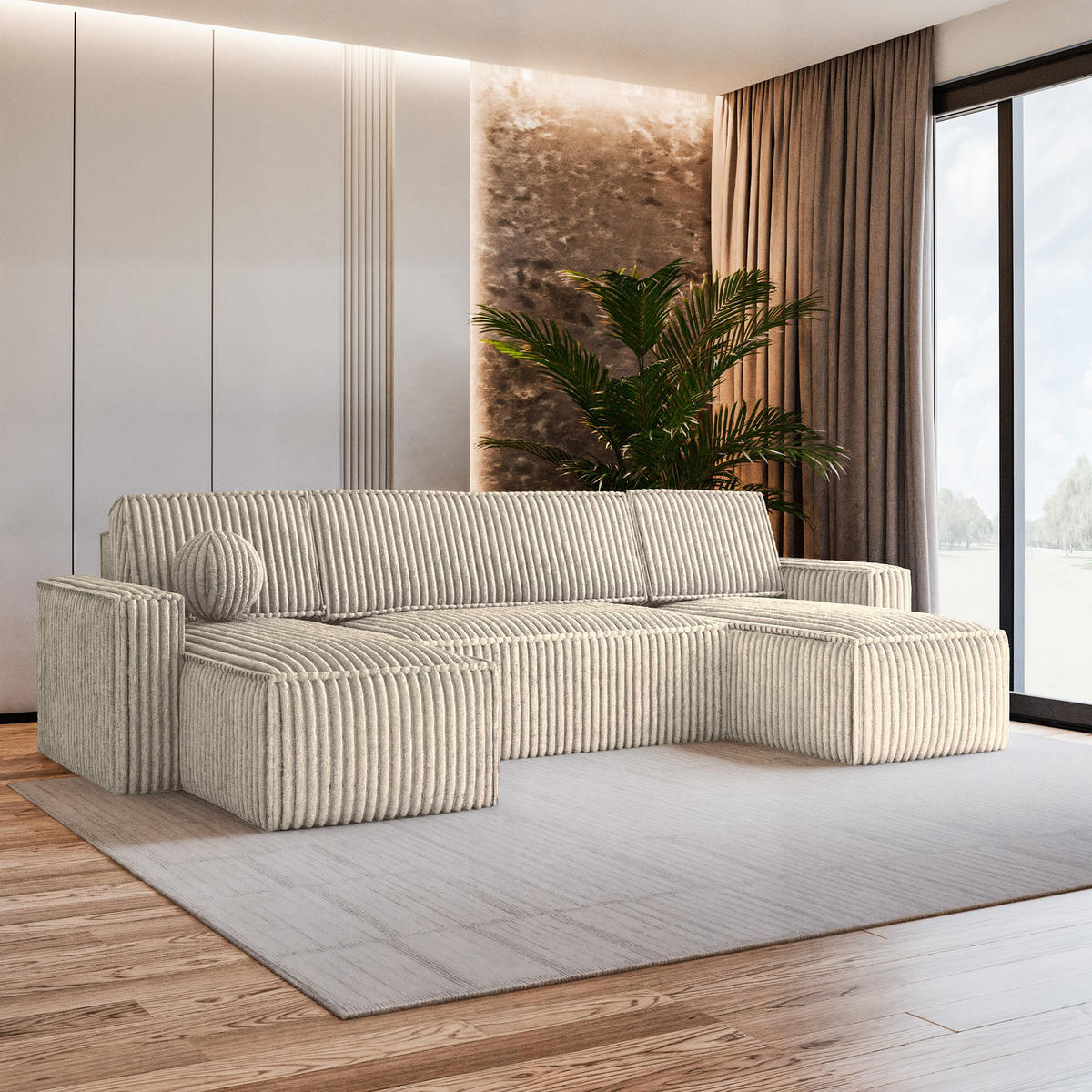 WOHNLANDSCHAFT PESANO T Creme Kordstoff mit Schlaffunktion - Creme, Holz (306/85/140cm) - MASSENO