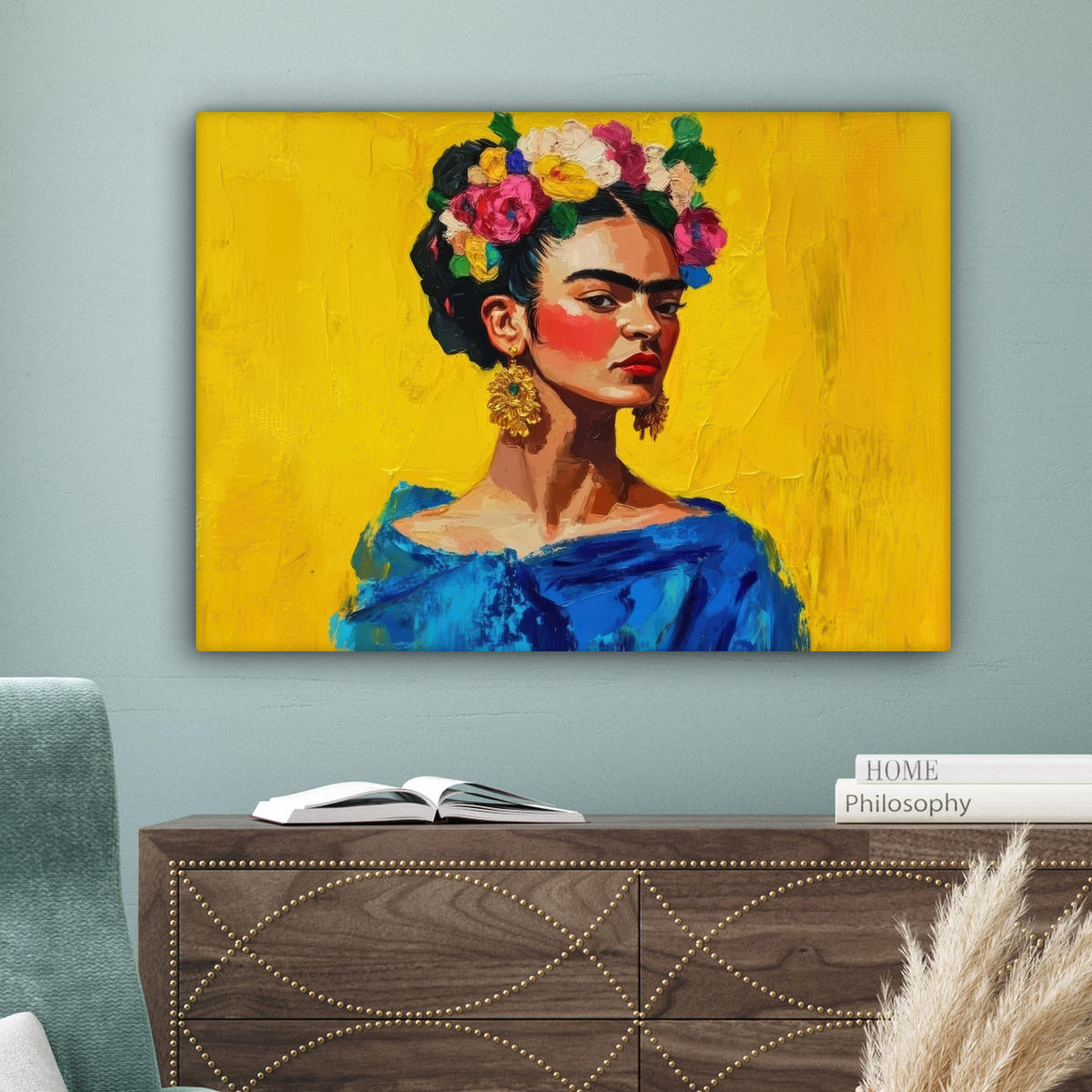 LEINWANDBILD Frida Kahlo - Frau - Gelb - Blau - Blumen Wandbilder 80x60 cm - Gelb, Textil (80/60cm) - MuchoWow