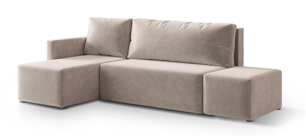 ECKSOFA VELOTTI L-S Beige Plüsch-Stoff mit Schlaffunktion - Beige, Holz (261/143cm) - MASSENO