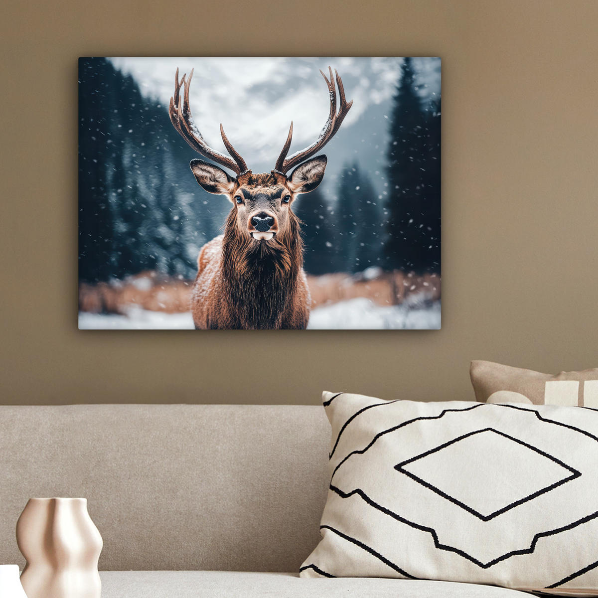 LEINWANDBILD Hirsche - Tiere - Landschaft - Winter - Schnee 40x30 cm - Kastanienfarben, Textil (40/30cm) - MuchoWow