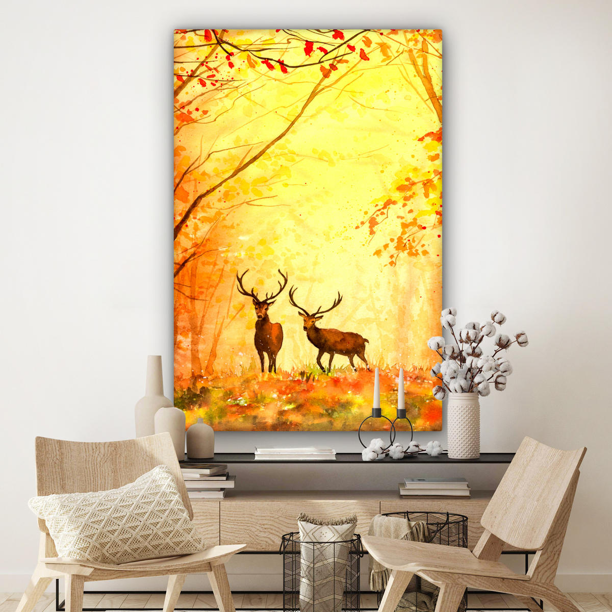 SLIKA NA PLATNU Jeleni 90x140 cm - oranžna, tekstil (90/140cm) - MuchoWow