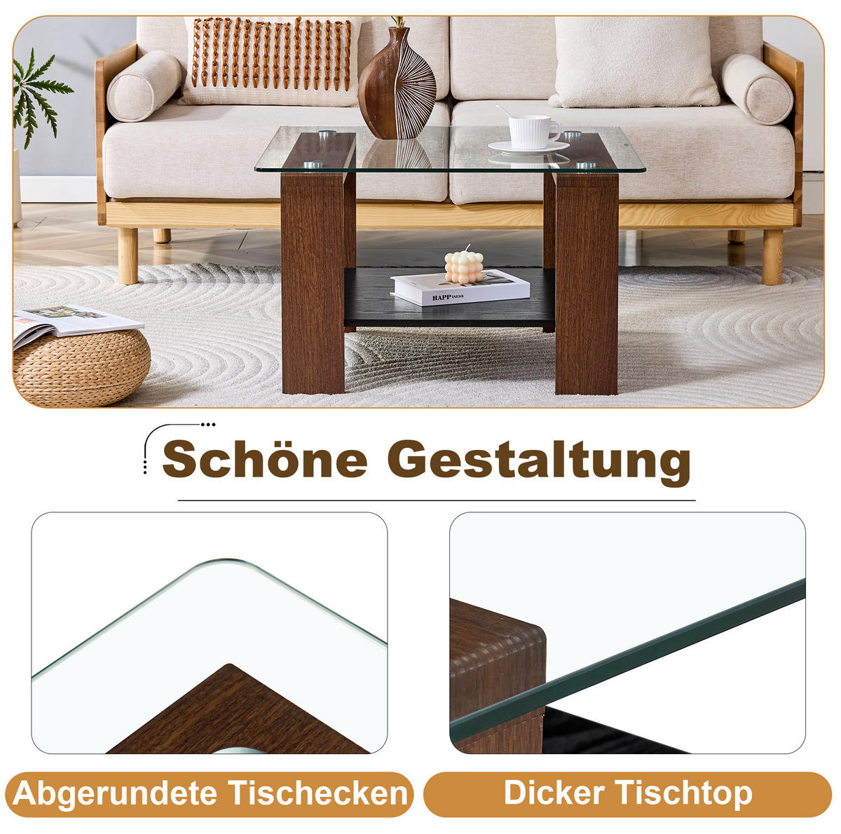 COUCHTISCH aus MDF und Glas 65x65x45,5 cm in Walnuss mit Stauraum - Walnussfarben, Holzwerkstoff (65/65/45.5cm) - Modfu