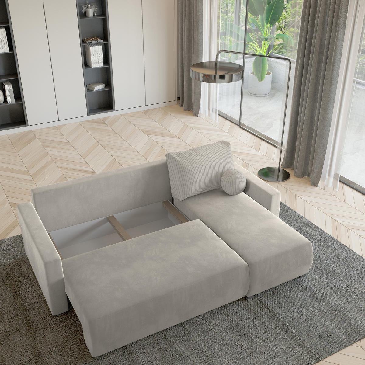 ECKSOFA SORGE Creme Plüsch-Stoff mit Schlaffunktion - Creme, Holz (220/143cm) - MASSENO