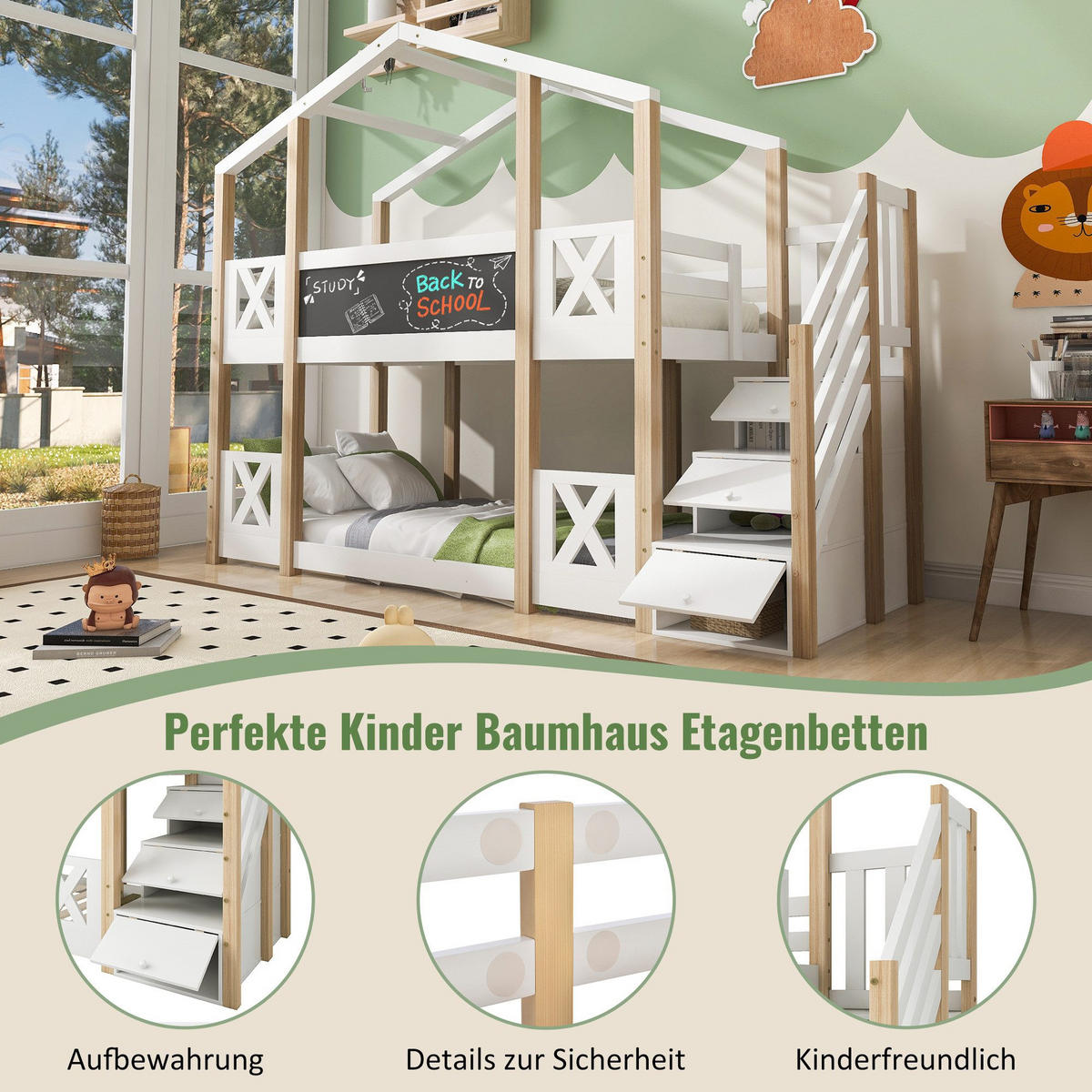 HOCHBETT 0,9x2m Baumhausbett & Rausfallschutz/Lattenrost - Weiß, Holzwerkstoff (90/200cm)