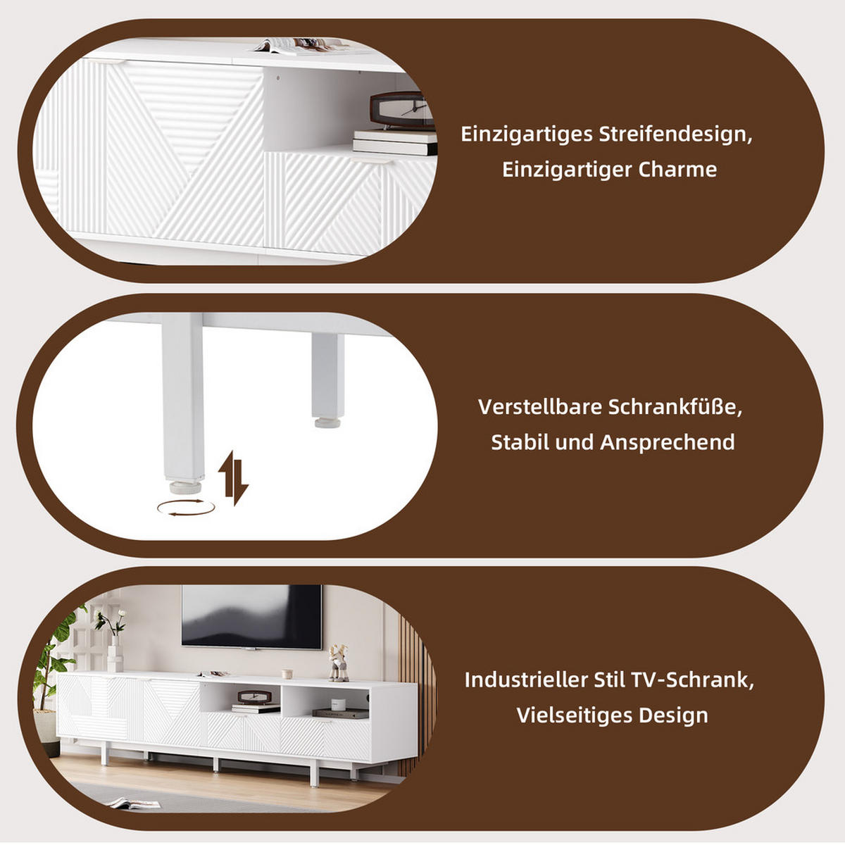 TV-SCHRANK 200x40cm Modern abstrakte Linien Stauraum Weiß bis 90 Zoll - Weiß, Holz (52.07/12.19/115.06cm) - FLIEKS