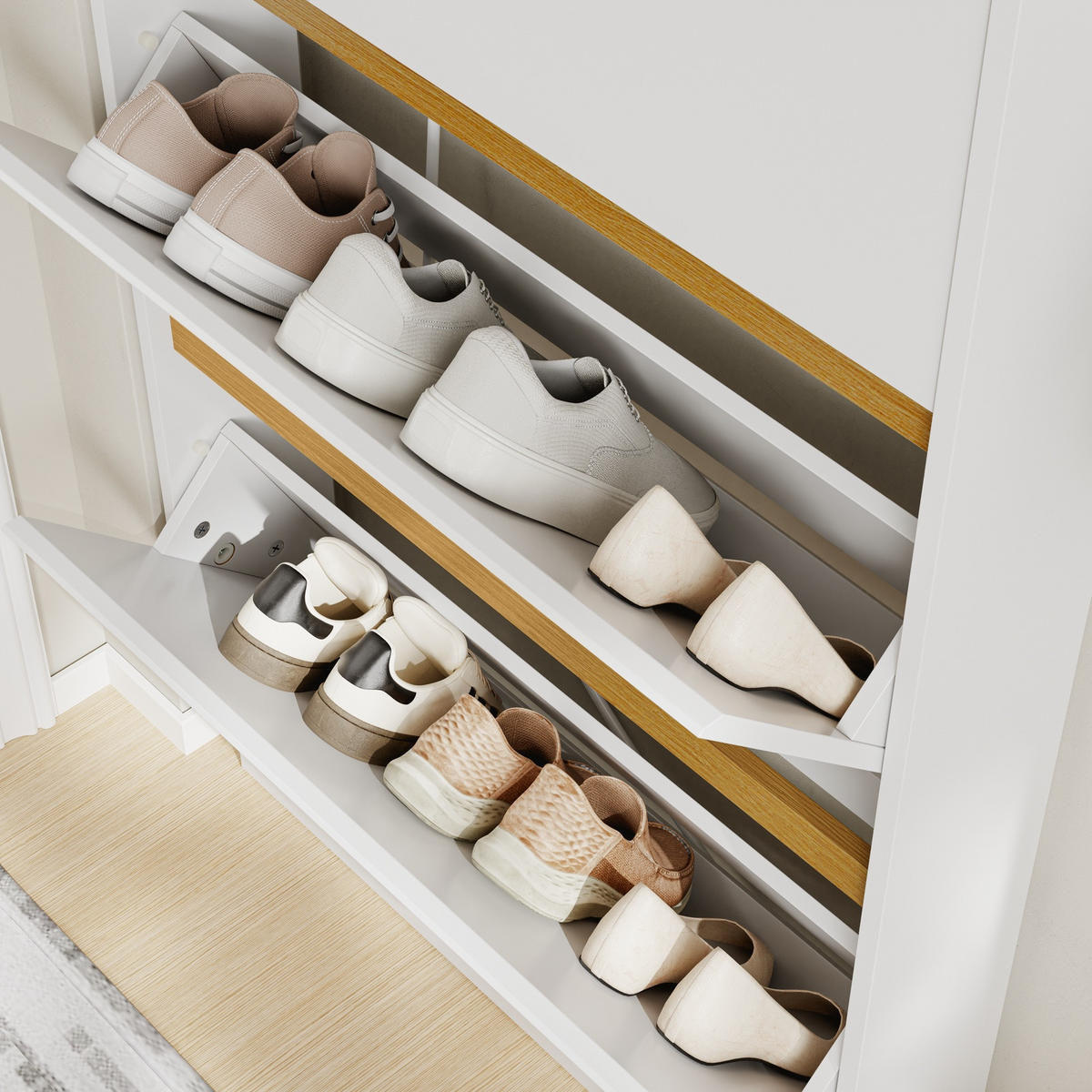 SCHUHSCHRANK mit Steckdose und USB-Ladefunktion FSR228-E-WN - Ahornfarben/Weiß, Holzwerkstoff/Fell (15/126/72cm) - SoBuy