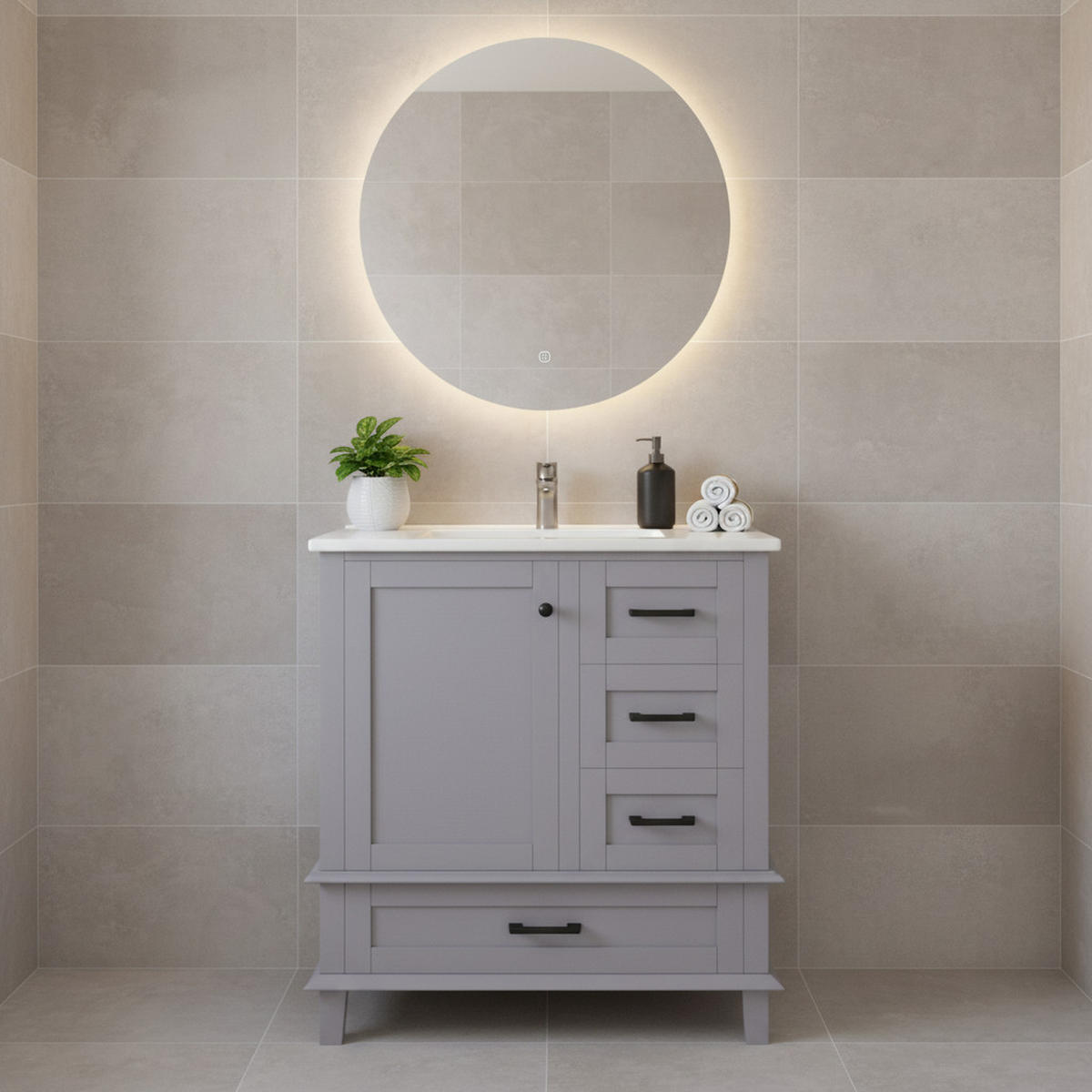 WASCHTISCHKOMBI Grau freistehend mit Keramikbecken & 3 Schubladen - Grau, Keramik/Holzwerkstoff (76/83.5/46cm) - Urban Meuble