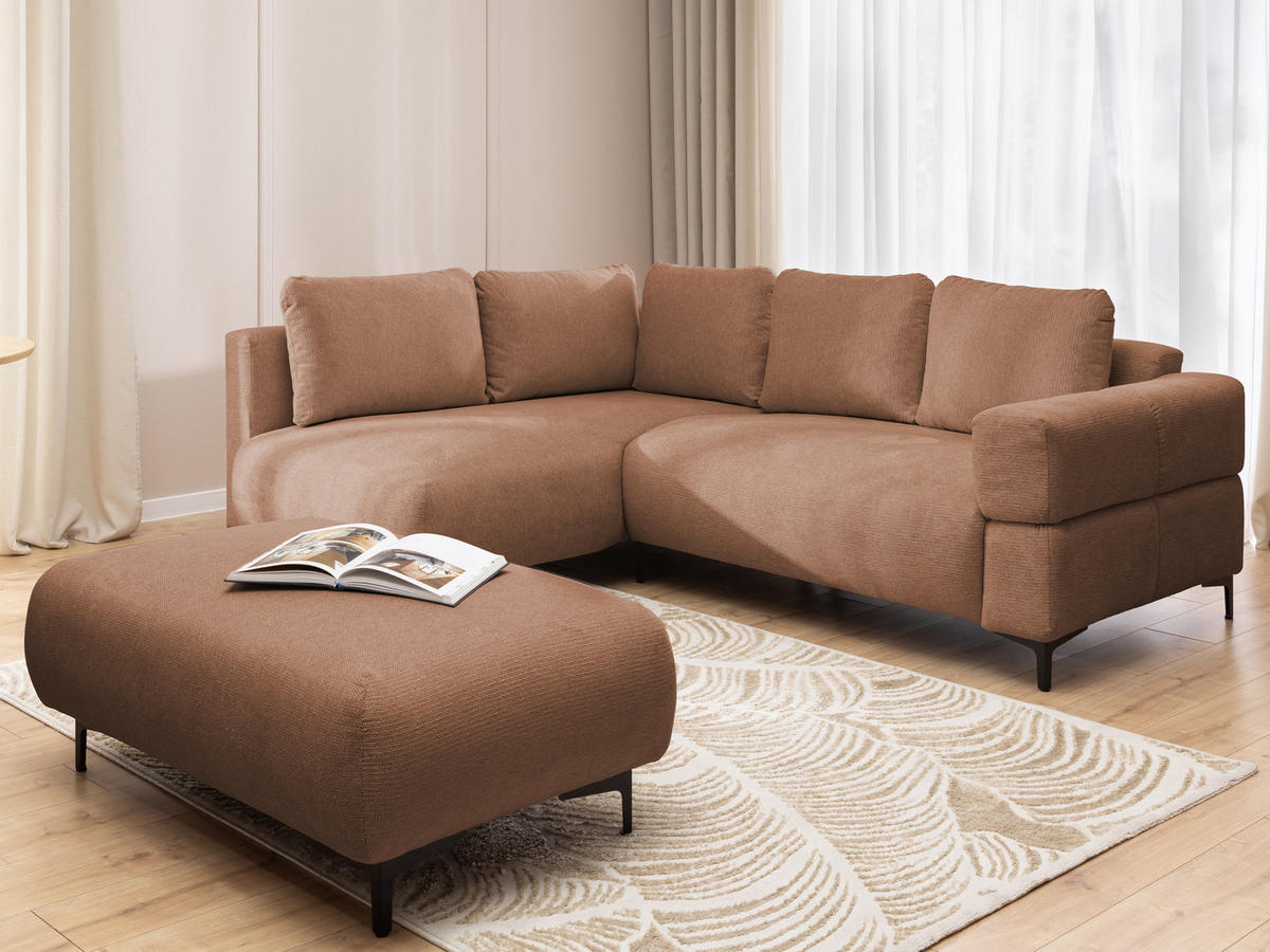 ECKSOFA inkl. Hocker Cardea mit Schlaffunktion in Bubble-Optik aus weichem Terrakotta Strukturstoff und hohem Sitzkomfort - Ottomane links - Terracotta/Schwarz, Holz/Textil (170/230cm) - S-Style Möbel