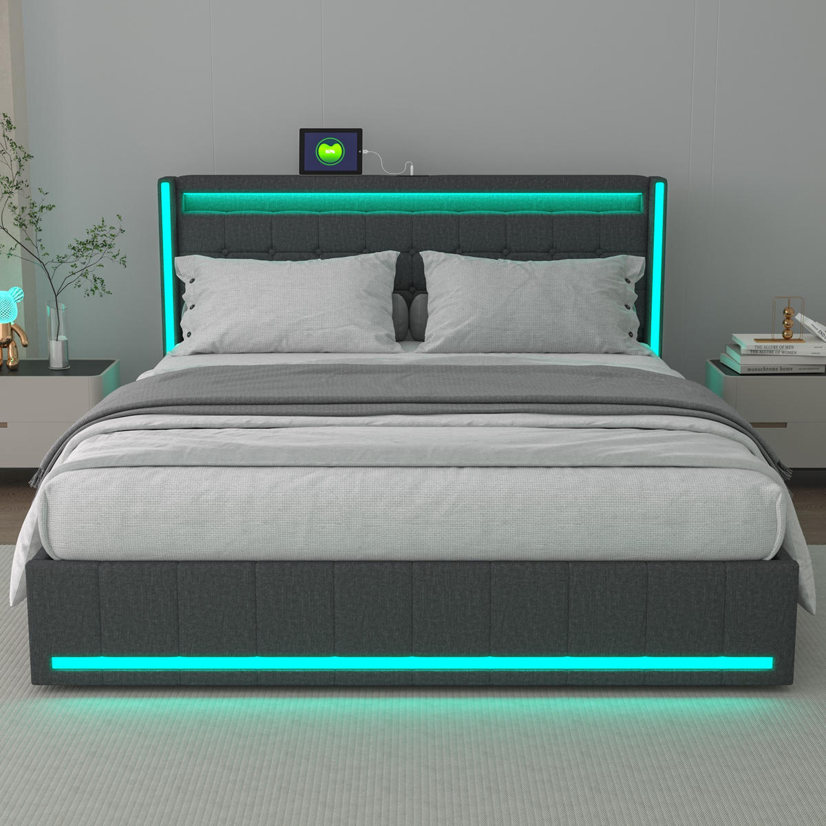 POLSTERBETT 180x200 cm Lumina Smart mit 3-Zonen RGB-LED, USB & USB-C, 4 Schubladen, Leinen-Optik, Dunkelgrau - Grau, Textil (180/200cm) - DELFA