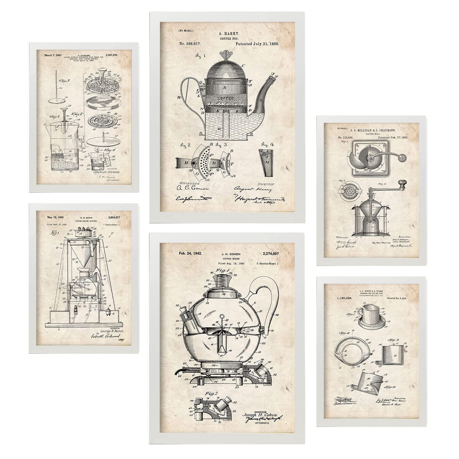 POSTER Set Mit 6 Plakaten Mit Kaffeemaschine Patenten Im Vintage Stil A3 & A4 Weißer Rahmen - Weiß, Papier (29/3cm) - Nacnic