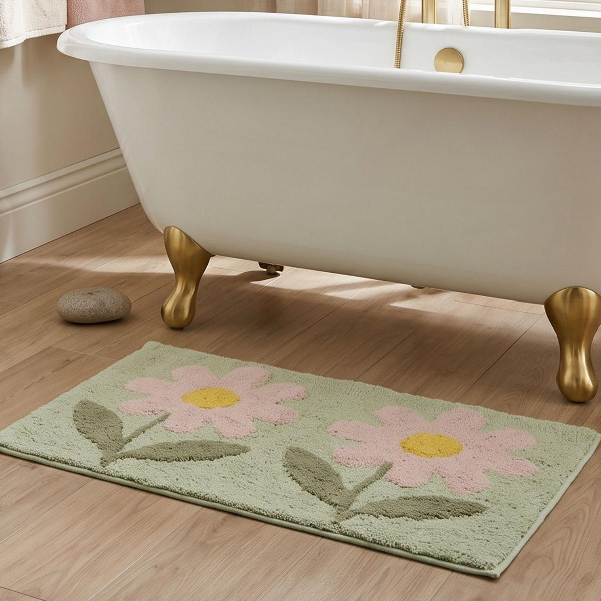 BADTEPPICH Blumen 50/80 cm, grün-rosa, 100 % Baumwolle - Grün, Textil (50/80cm) - Homescapes