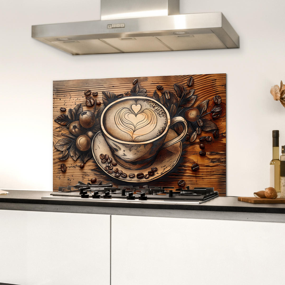 SPRITZSCHUTZ KÜCHE Kaffee - Vintage - Braun - Tasse - Holz 60x40 cm - Cappuccino, Metall (60/0.3/40cm) - MuchoWow
