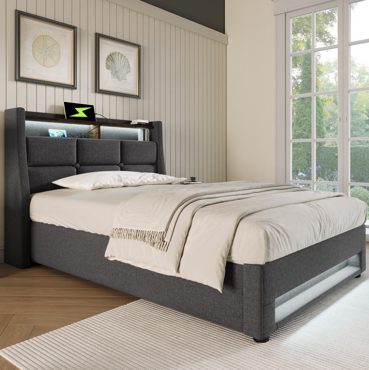 POLSTERBETT aus Leinen 90x200 cm in Grau mit LED-Beleuchtung & USB - Grau, Textil (90/200cm) - Modfu