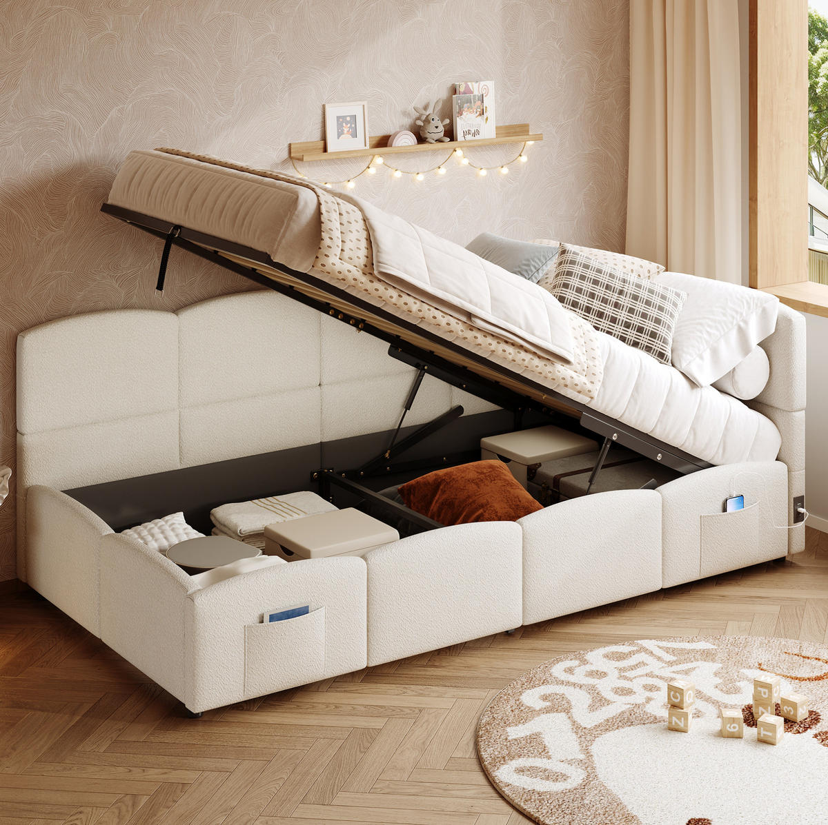 POLSTERBETT 90/200 cm beige aus Bouclé mit Stauraum und USB - Beige, Holzwerkstoff (90/200cm) - OKWISH