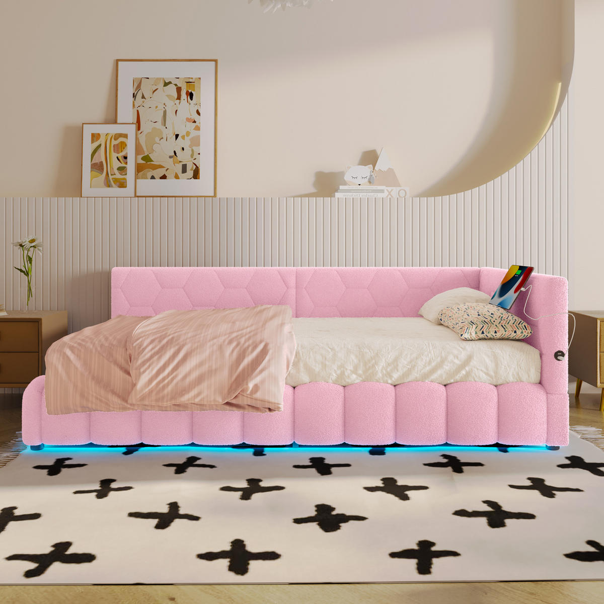 POLSTERBETT 90/200 cm Rosa mit Stauraum mit LED-Beleuchtung mit USB- und Type-C-Anschlüssen - Rosa, Textil (90/200cm) - OKWISH