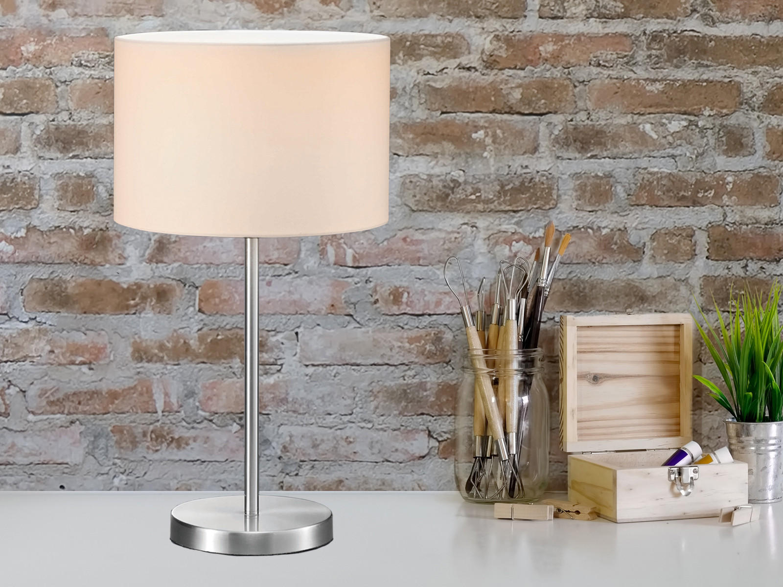 MeineWunschleuchte Tischlampe - Keramikfuß Silber Antik & Weißer Leinen-Schirm, 35 Cm Hoch
