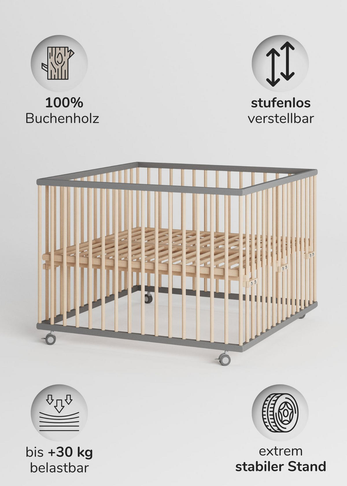 LAUFGITTER 100x100 cm mit Matratze Cloud Air & Lattenrost - grau/natur - Premium Kollektion - Naturfarben/Grau, Holz (100/74/100cm) - Sämann – make a difference.