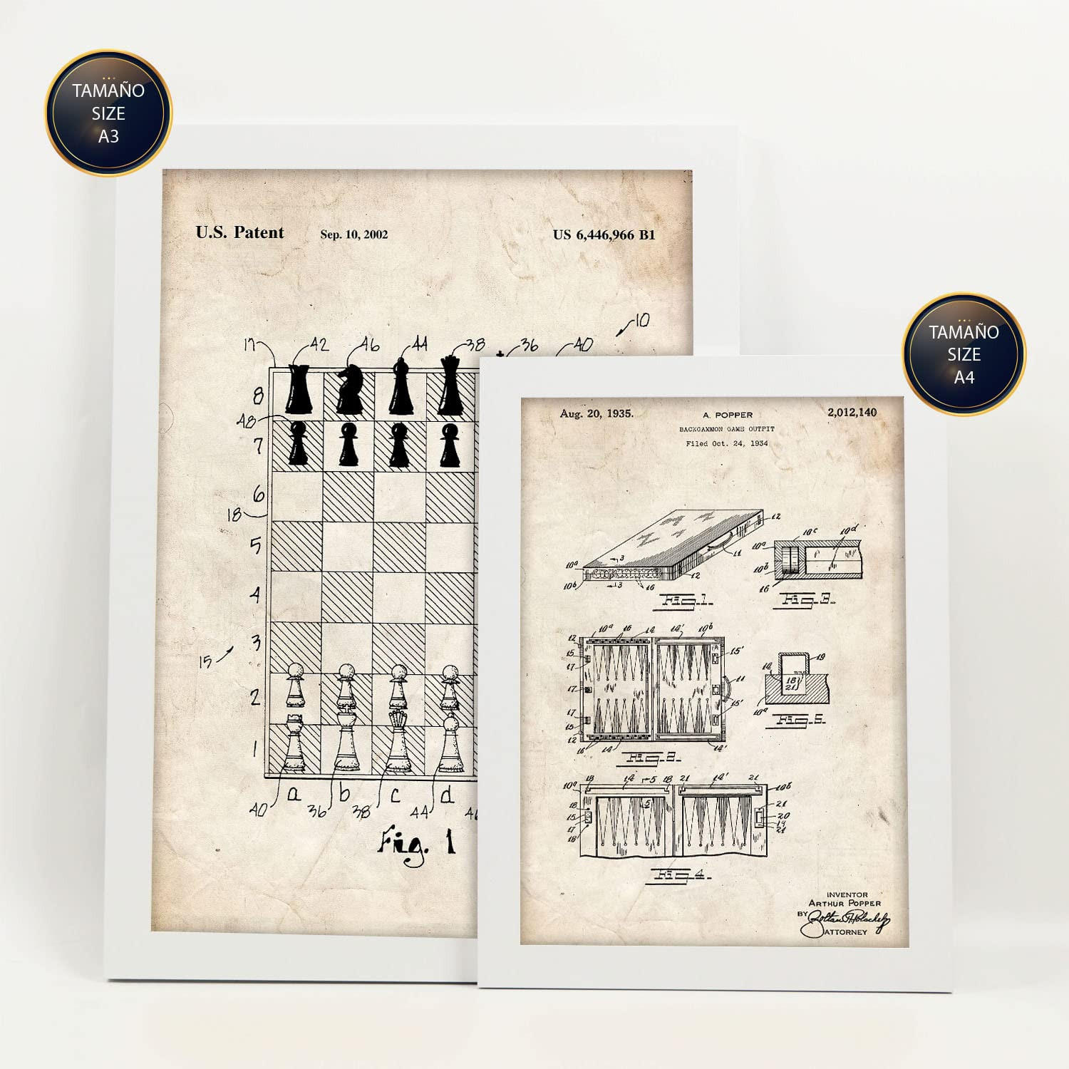 POSTER Set Mit 6 Plakaten Mit Brettspiel Patenten Im Vintage Stil A3 & A4 Weißer Rahmen - Weiß, Papier (29/3cm) - Nacnic