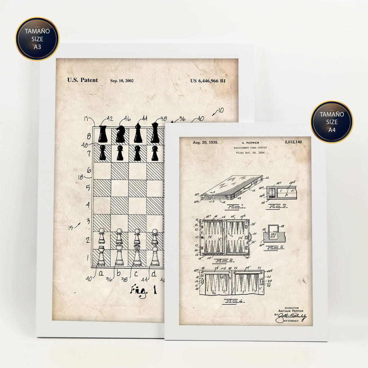POSTER Set Mit 6 Plakaten Mit Brettspiel Patenten Im Vintage Stil A3 & A4 Weißer Rahmen - Weiß, Papier (29/3cm) - Nacnic