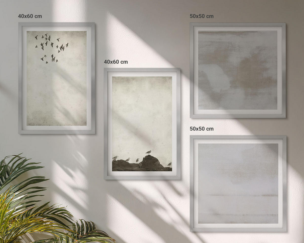 BILDER SET 4er Set - 50x50 cm & 40x60 cm Silberner Rahmen - Textur eines Vogelschwarms - Silberfarben, Kunststoff (50/50cm) - TULUP