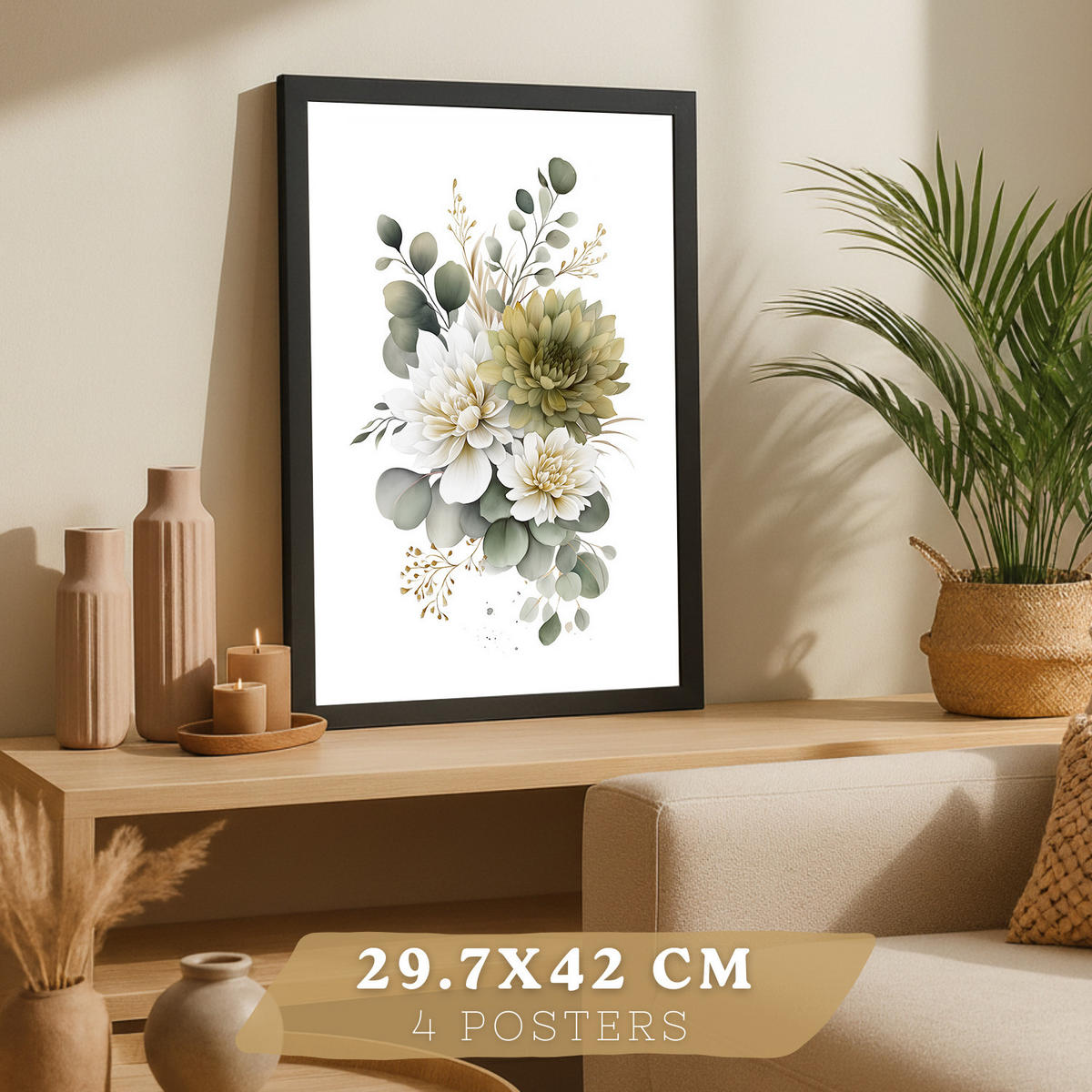 PLAKAT Sada 4 boho botanických uměleckých tisků. Akvarelové květinové nástěnné umění. Velikost Černý rám A3 - černá, papír (29.7/42/3cm) - Nacnic