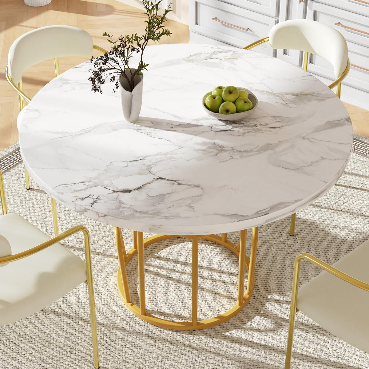 ESSTISCH 80x80x76 cm in Weiß und Gold aus MDF mit Marmoroptik auf goldenen Metallbeinen - Weiß, Holzwerkstoff (80/80/76cm) - Modfu