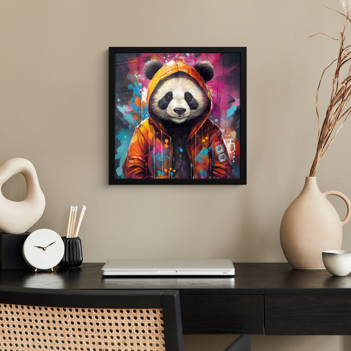 POSTER MIT RAHMEN Panda - Jacke - Graffiti - Orange 40x40 cm - Orange, Papier (40/40cm) - MuchoWow